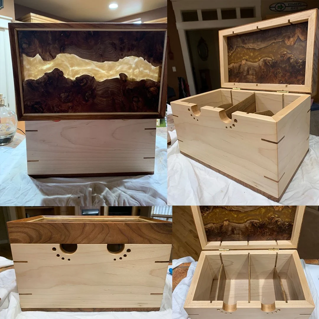 A crochet box with maple base and epoxy river top. 