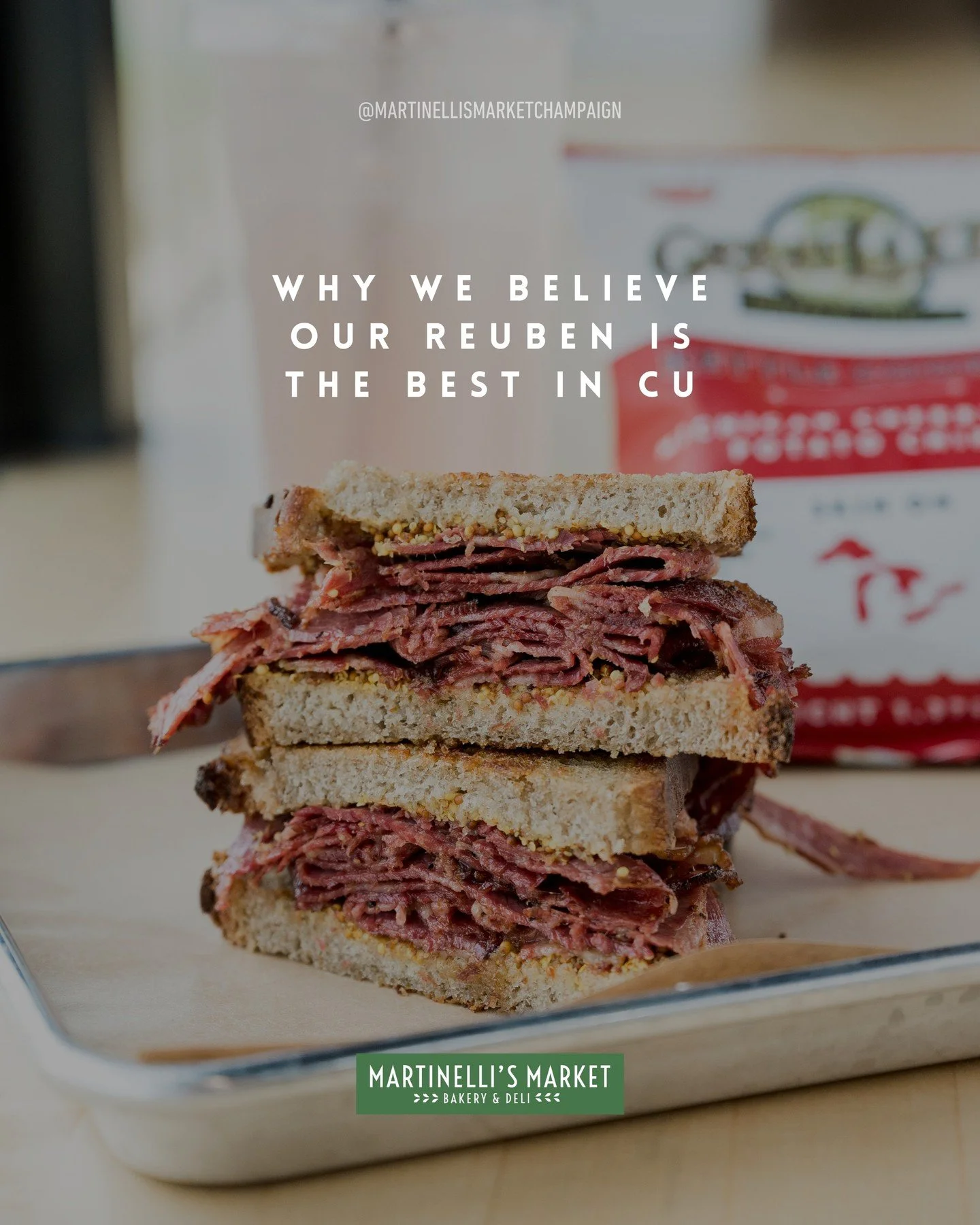 Why we proudly claim the BEST Reuben in Champaign-Urbana&hellip;

At Martinelli&rsquo;s we handcraft each Reuben with care and ingredients we truly believe in:

House-roasted Angus corned beef brisket
Grand Cru Alpine Swiss
Tangy sauerkraut from @the