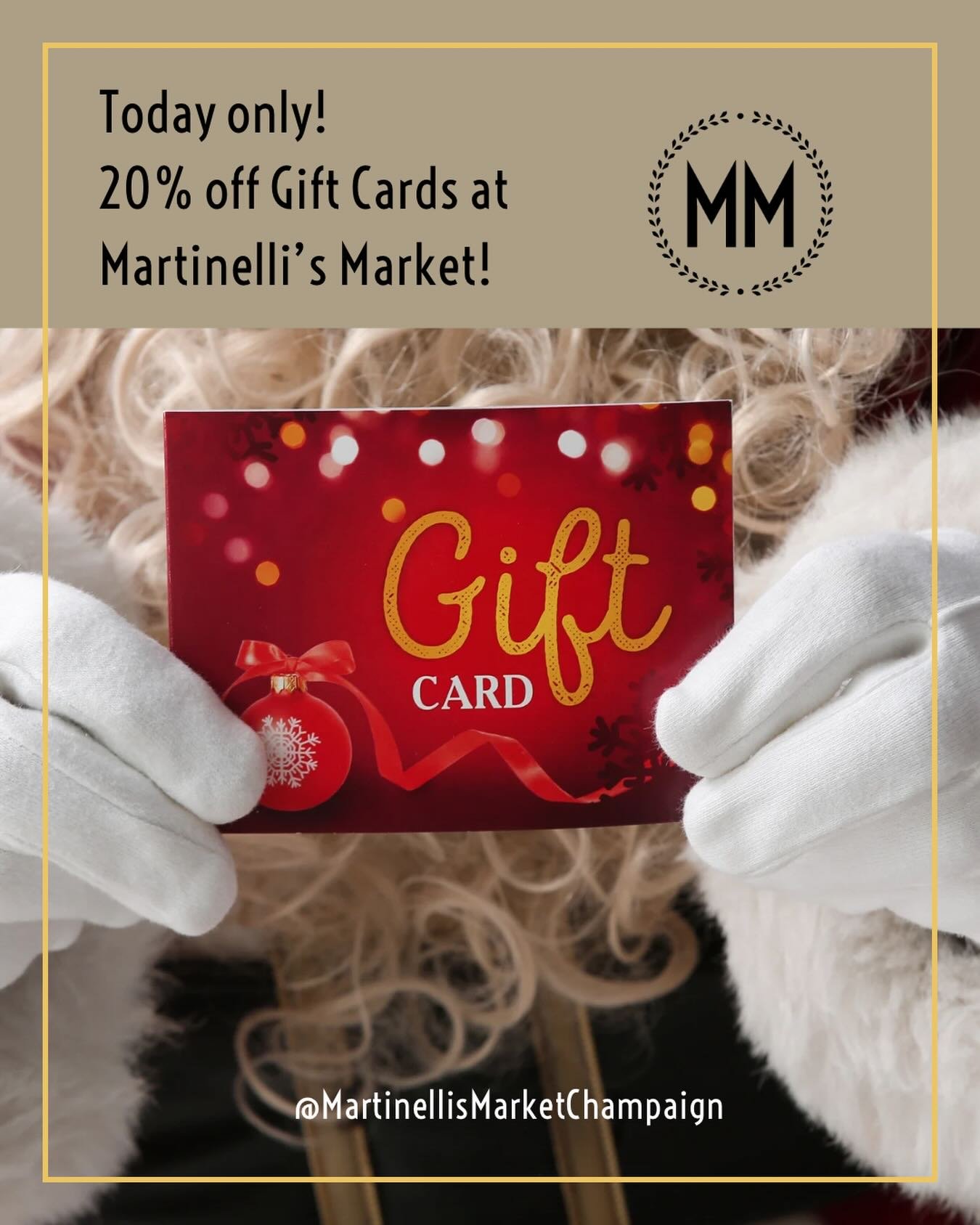 Gift giving made easy!
Today only we are offering 20% off gift cards.
20% off Buys:
&bull; $50 for $40
&bull; $100 for $80
&bull; $250 for $200

Use them for:
&bull; A thank-you for the teacher who deserves a great lunch
&bull; A meal with friends af