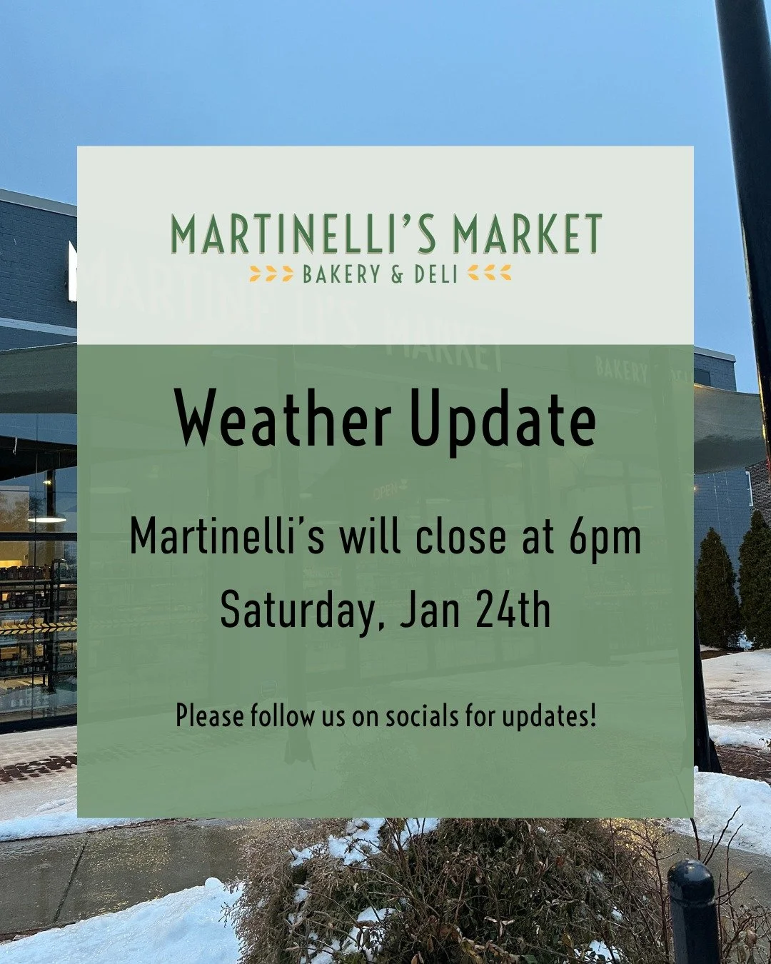 Weather Update: Saturday January 24th

We will close at 6pm tonight for the safety of our guests and staff.
And reminder that we will open at 10am Sunday.

Please be safe and warm friends.