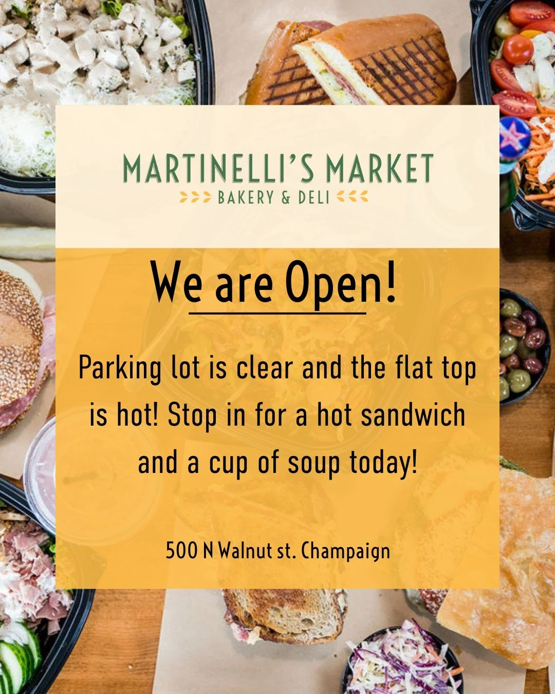 It's Lunch time! 

We are open! The parking lot is clear and our flat top is hot! Stop by and grab our hot Pastrami sandwich and a cup of our Matzo Ball Soup. 

We got what you need to to restock the pantry too! Milk, eggs, cheese, and bread - make y