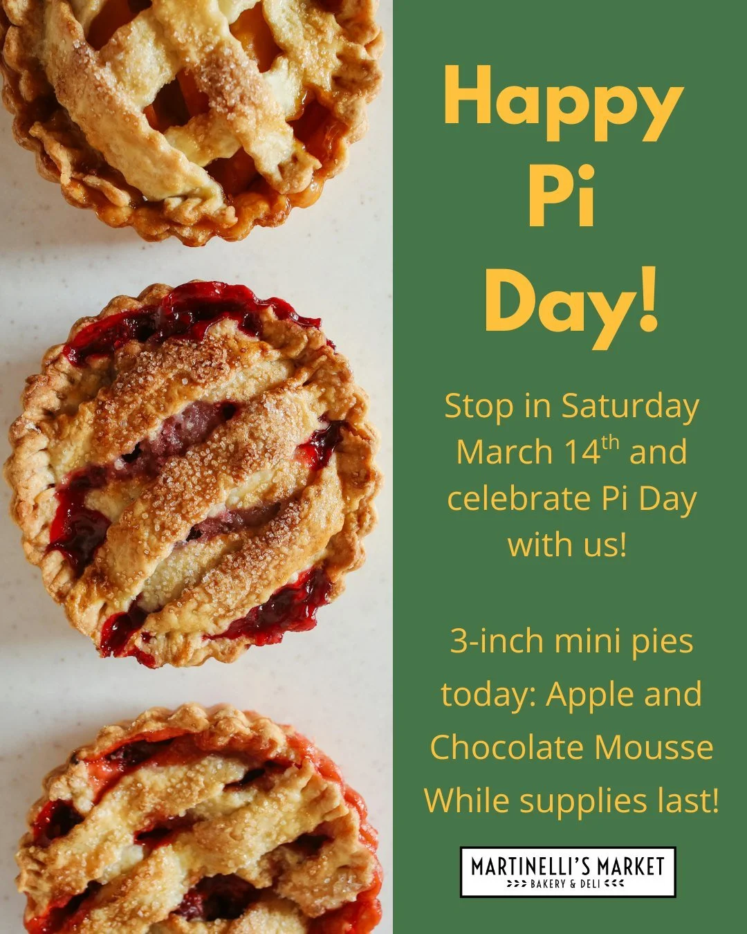 Happy Pi Day. 🥧

We've got two 3-inch mini pies today: Apple and Chocolate Mousse.

Also &mdash; it's the Dip &amp; Spread Sampling event today from 10am-1pm.

And yes, croughnuts are fresh from the Bakehouse. Irish Cream and Raspberry Matcha &mdash