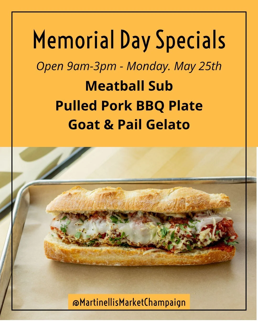 We are busy preparing for you tomorrow! 

We will be open tomorrow for Memorial Day from 9am to 3pm and the kitchen has cooked up some specials that will leave you satisfied! 

Monday Specials:
Meatball Sub (Kilgus pork and chevon, house marinara, pr