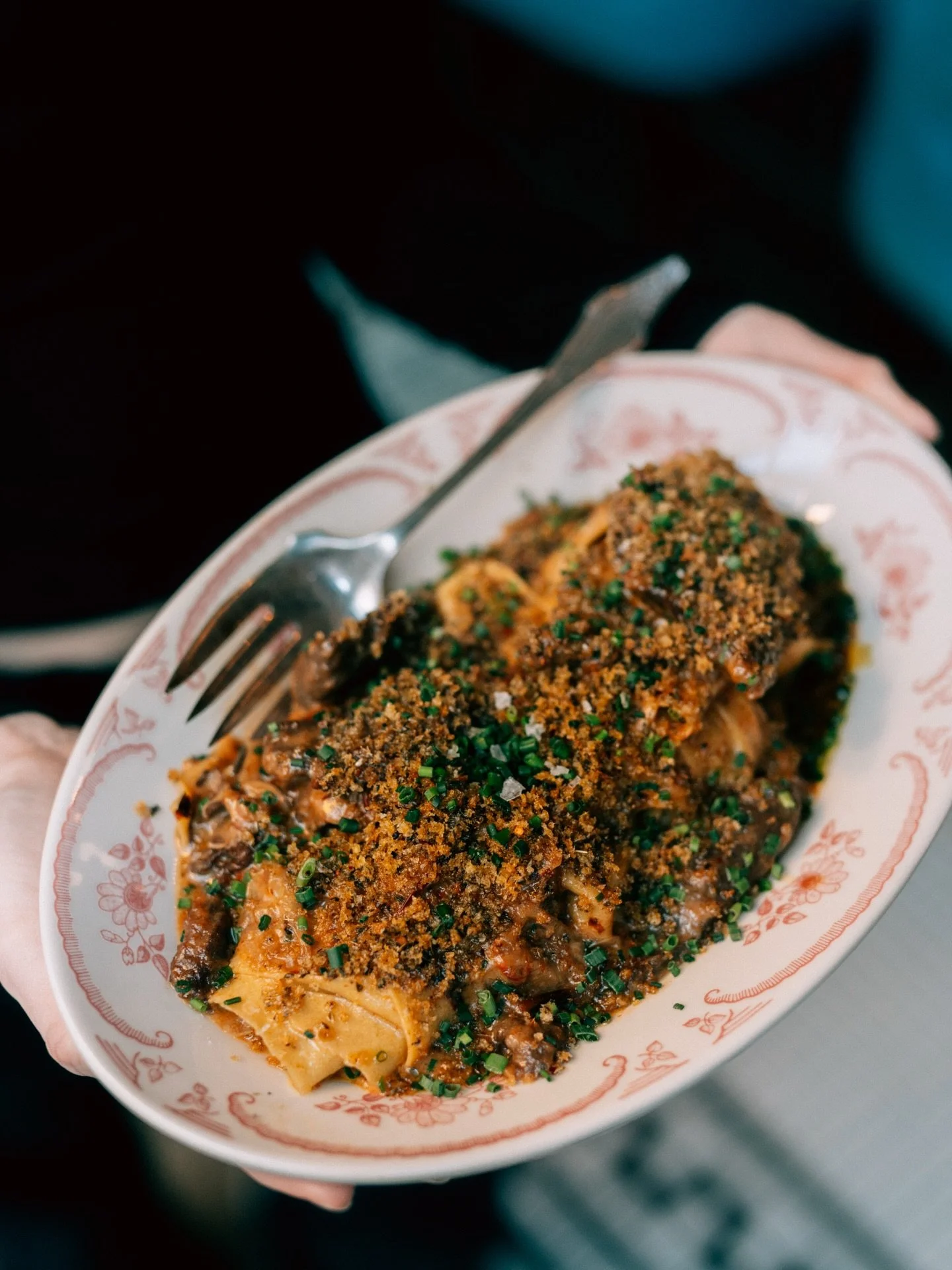 Beef and Noodles. 
Our take on the quick weeknight dinner of our childhood, with time and technique. 
Fresh tagliatelle, Chinese style beef, confit cipolini, cubanelle conserva, seared oyster mushrooms from @stoneycreekmushrooms 

Just like momma mad