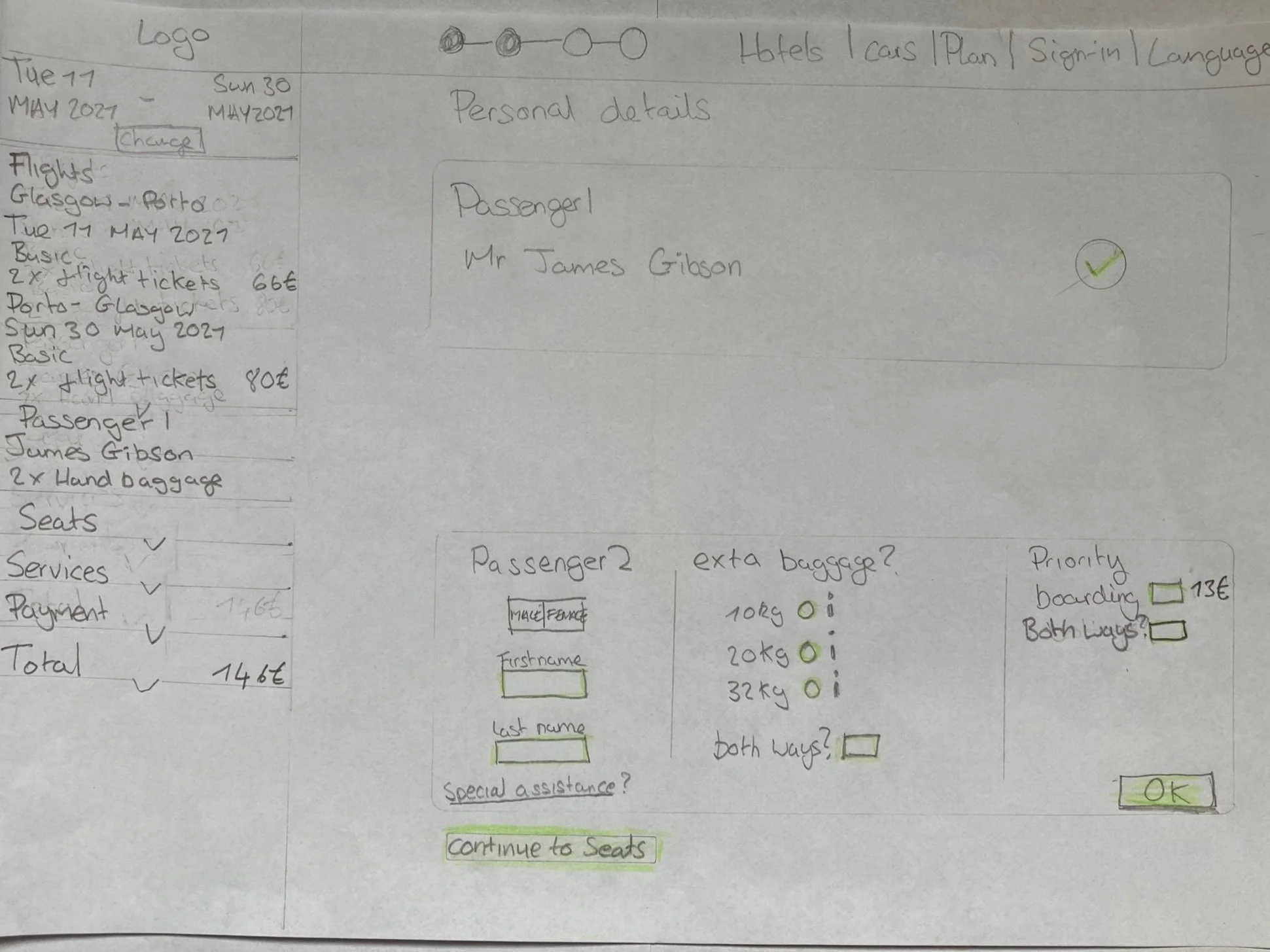 A handwritten travel document showing flight details from Glasgow to Porto on May 17, 2021, with round-trip tickets, passenger information, baggage options, and a seat selection form. The document includes sections for personal details and preferences, with checkmarks and highlighted areas.