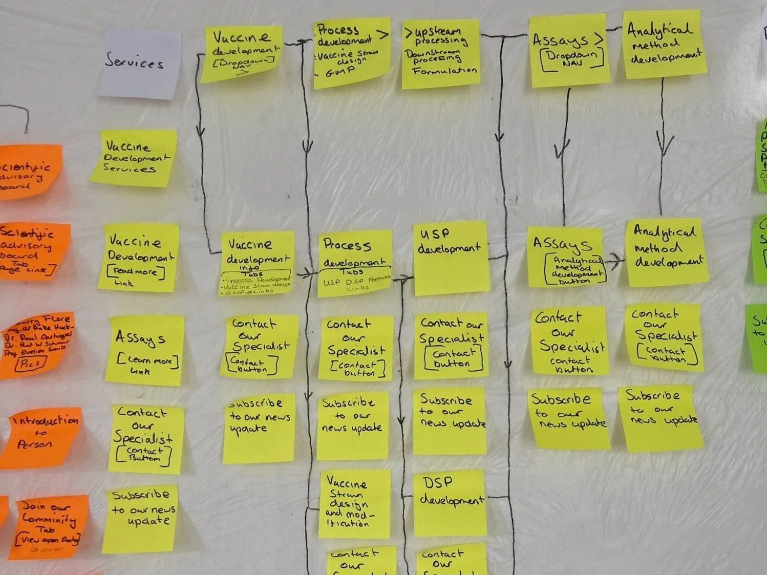 Flowchart on a wall showing processes for vaccine development, assay development, upstream processing, and analytical method development. It includes sticky notes with steps like 'Vaccinate development,' 'Process development,' 'Assays,' 'Contact our Specialist,' and 'Subscribe to our news update.'