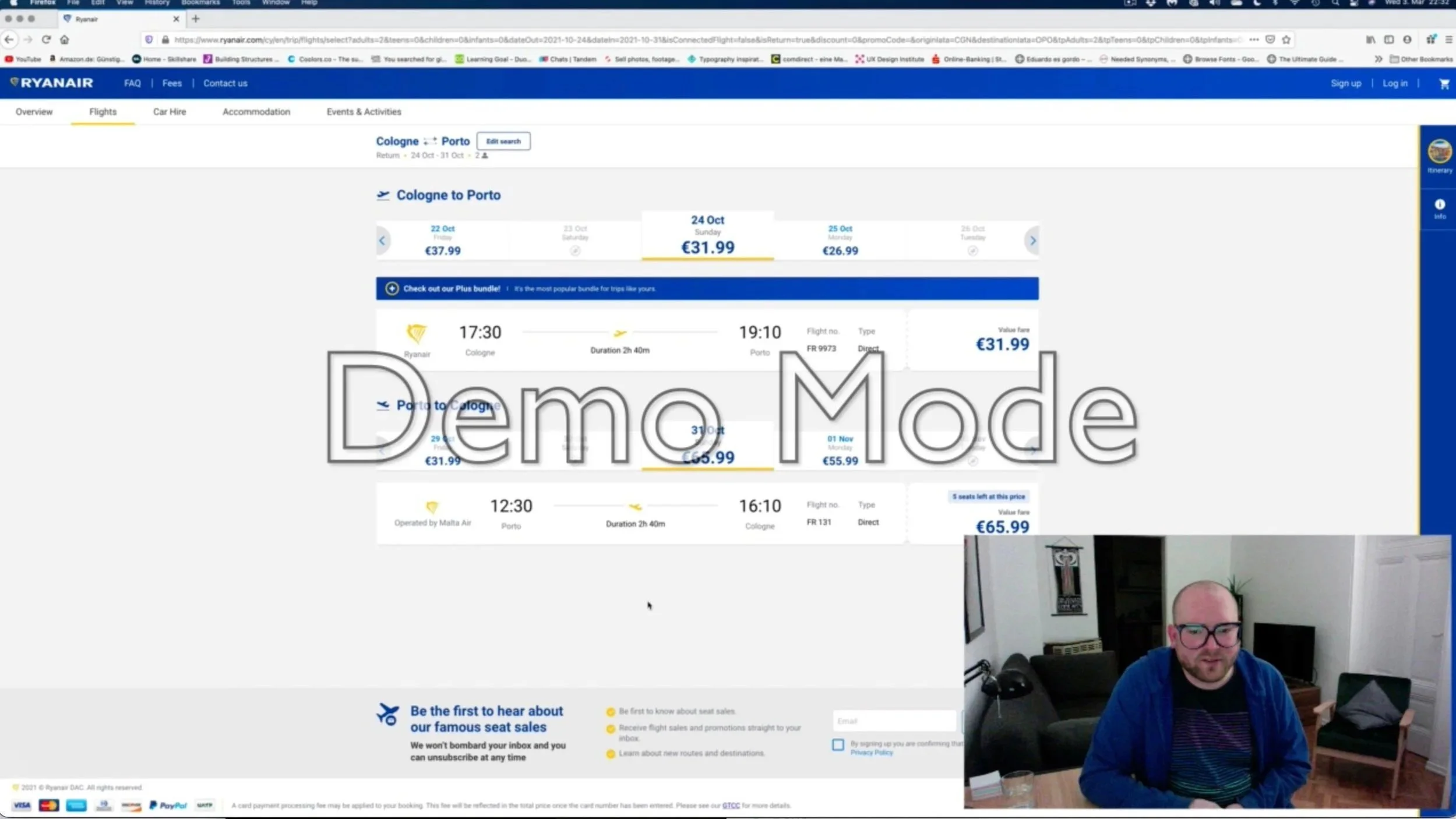 Screenshot of Ryanair flight booking webpage showing prices and flight details from Cologne to Porto, with a 'Demo Mode' overlay. Inset video feed of a man with glasses, wearing a blue hoodie, seated in a living room.