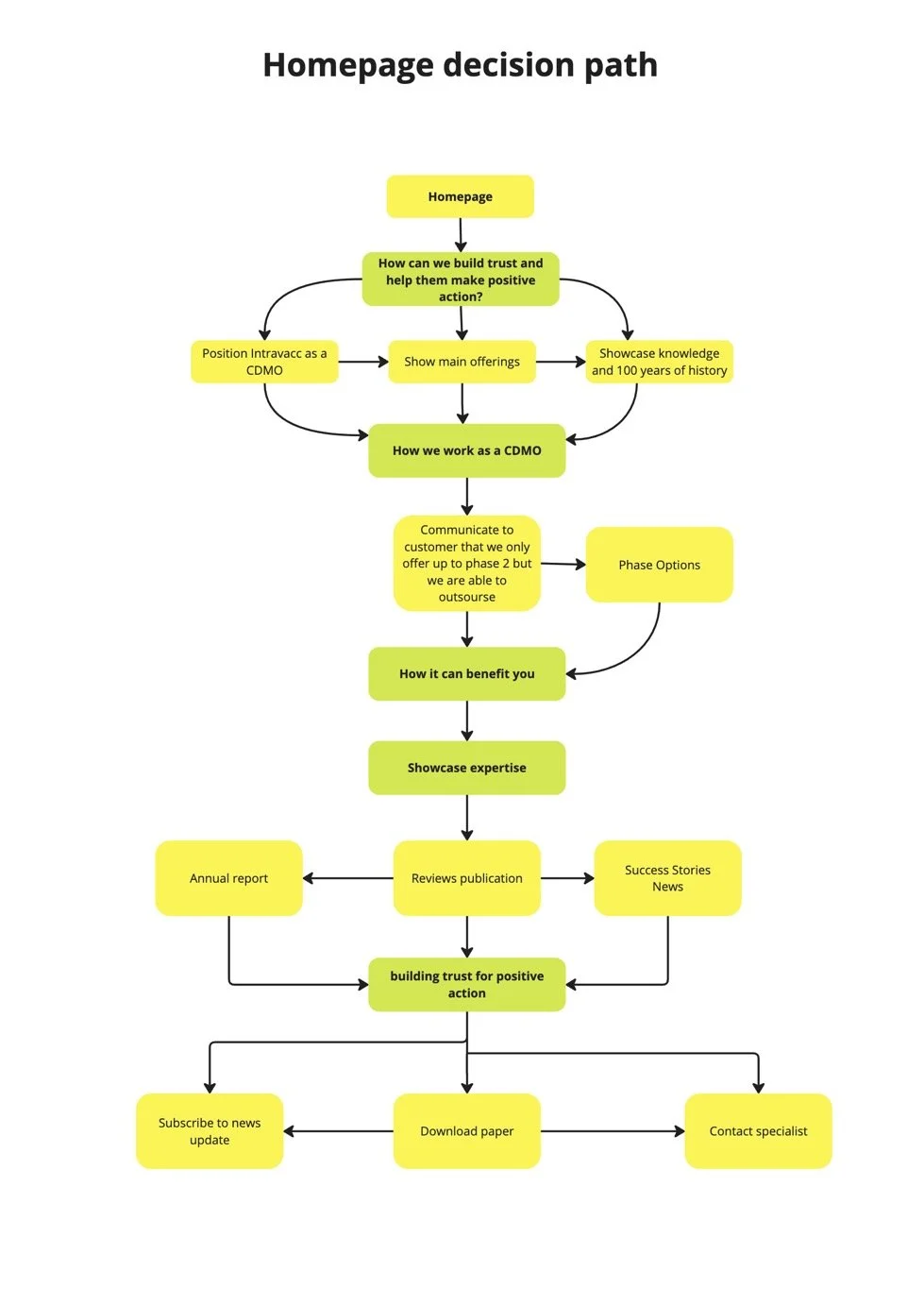 Flowchart titled 'Homepage decision path' with steps and decisions related to presenting a service or product, highlighting main offerings, customer communication, expertise, reviews, and trust-building actions.