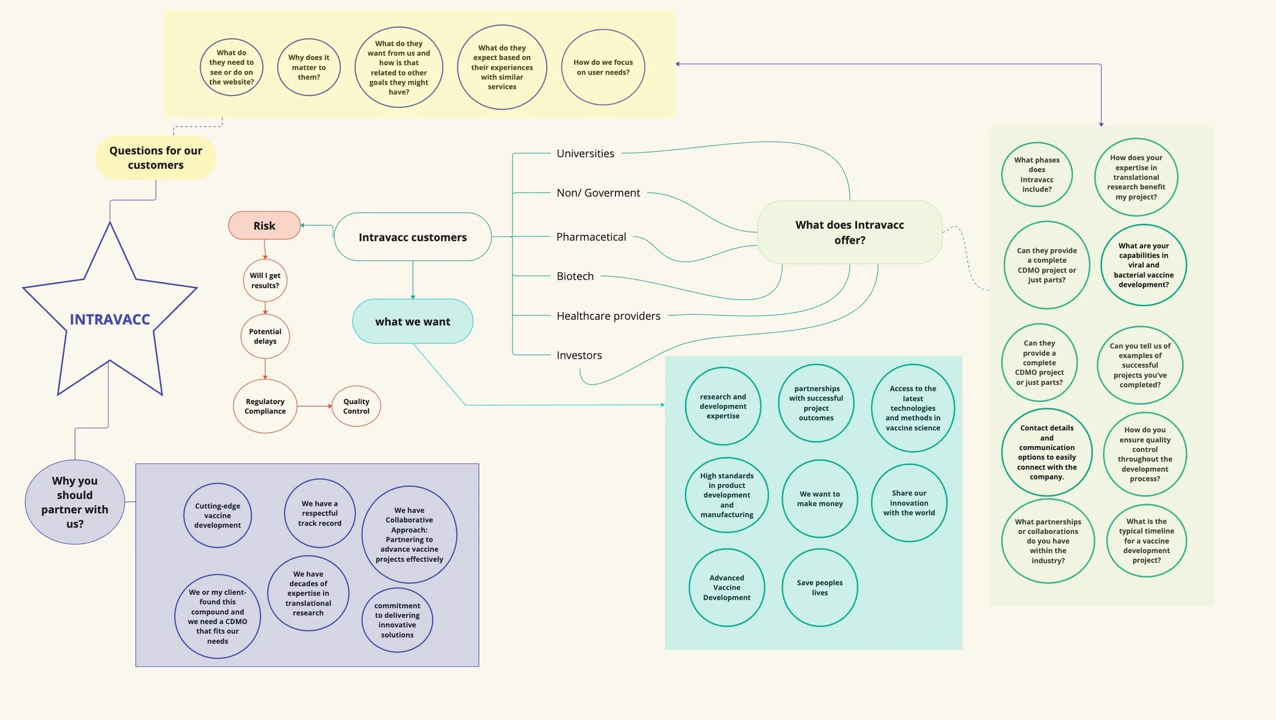 Flowchart diagram illustrating questions and information about Intravacc, including customer needs, risk assessment, vaccine development expertise, collaborations, and project focus areas.