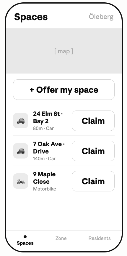 Mobile app screen showing available parking spaces with options to claim each one, listing addresses, distance, and vehicle types.