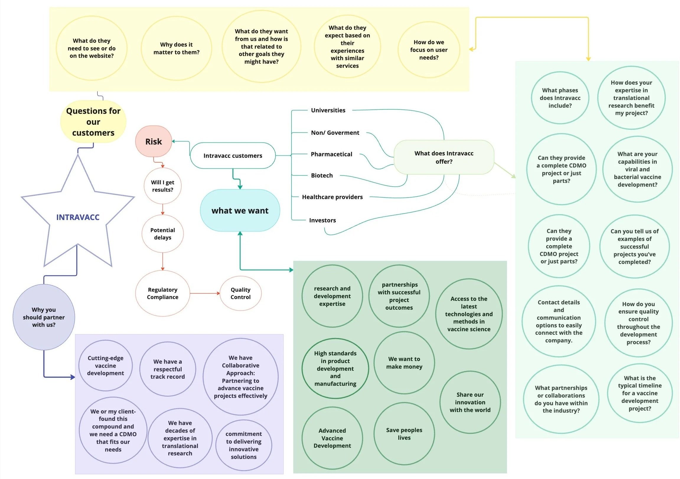 A detailed infographic with various sections including questions for customers, questions for partners, and information about Intravacc services, research, development expertise, and project considerations, organized with circles, arrows, and color-coded areas.