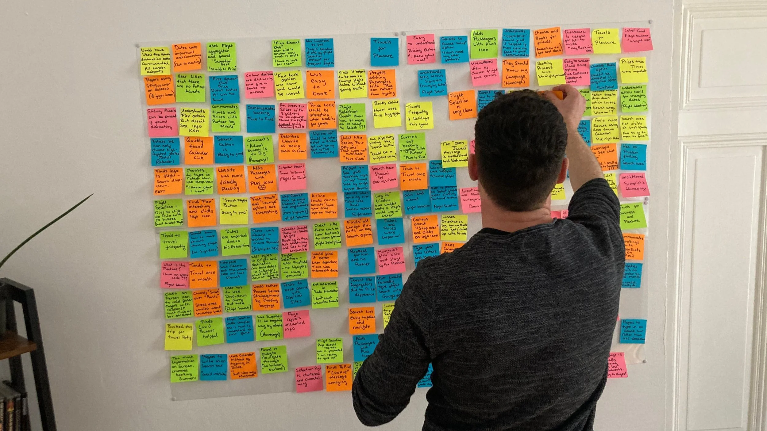 A man writes on a wall covered with colorful sticky notes, including pink, yellow, green, orange, and blue, arranged in a grid pattern.