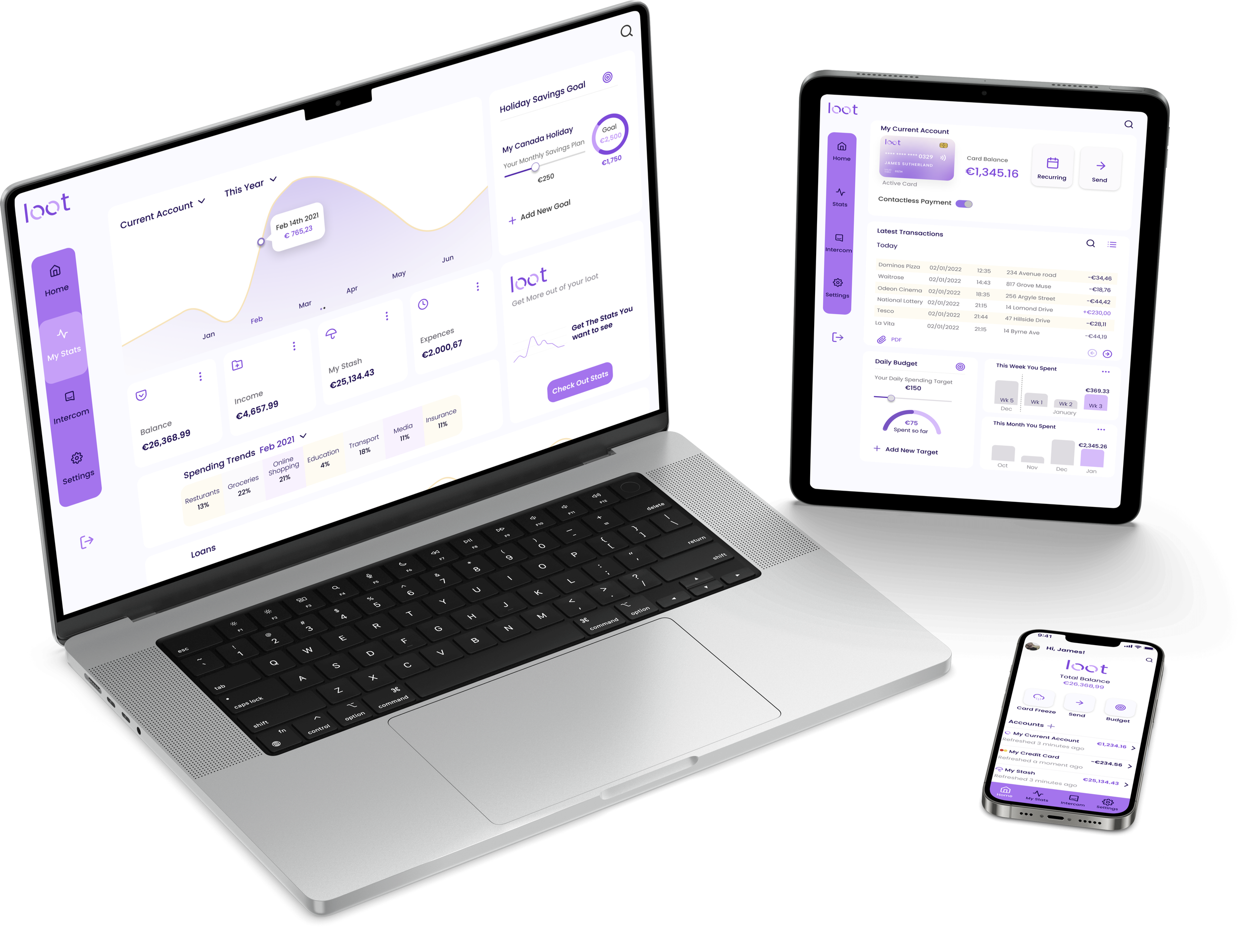 A laptop, a tablet, and a smartphone displaying a financial management app with graphs, transactions, and budgeting tools in purple and white interface.