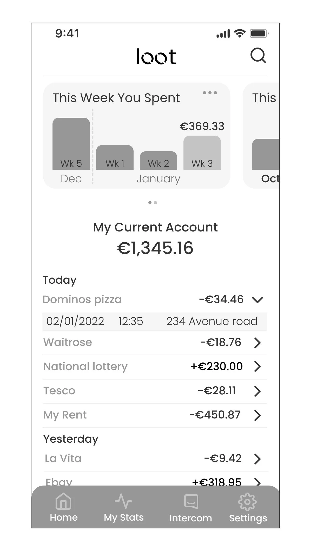 Mobile app screen showing a spending summary, current account balance, recent transactions including groceries, rent, lottery, and bills, with navigation icons at the bottom for Home, Stats, Intercom, and Settings.