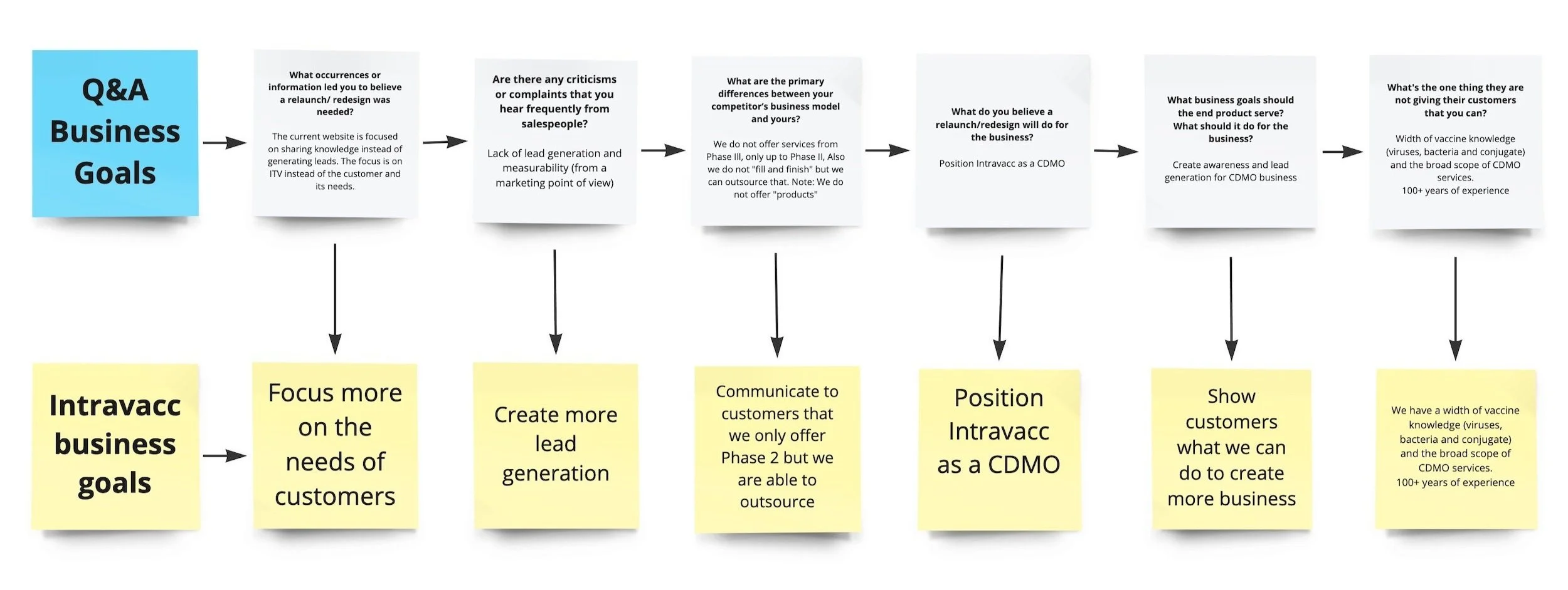 Flowchart illustrating business goals and strategies for Intravacc's CDMO services, including key points on customer needs, marketing, differentiation, and goals.