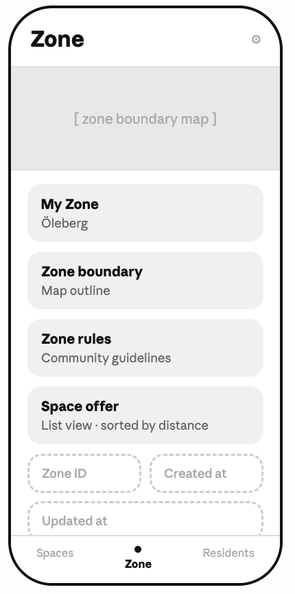 Mobile app screen displaying zone information with sections for zone name, boundary, rules, and space offer, along with zone ID, creation, and update dates at the bottom.