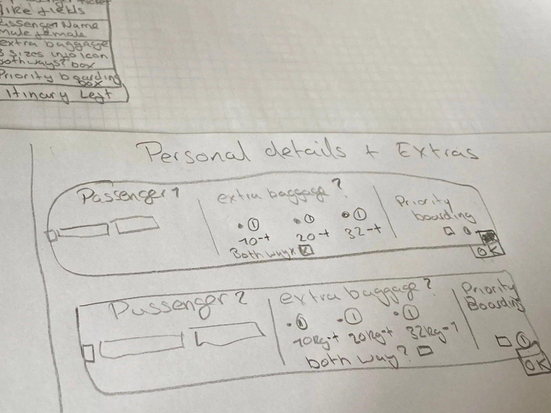 Handwritten notes titled "Personal details & Extras" on graph paper, outlining passenger details, extra baggage, and priority boarding options for two passengers with checkboxes and diagrams.