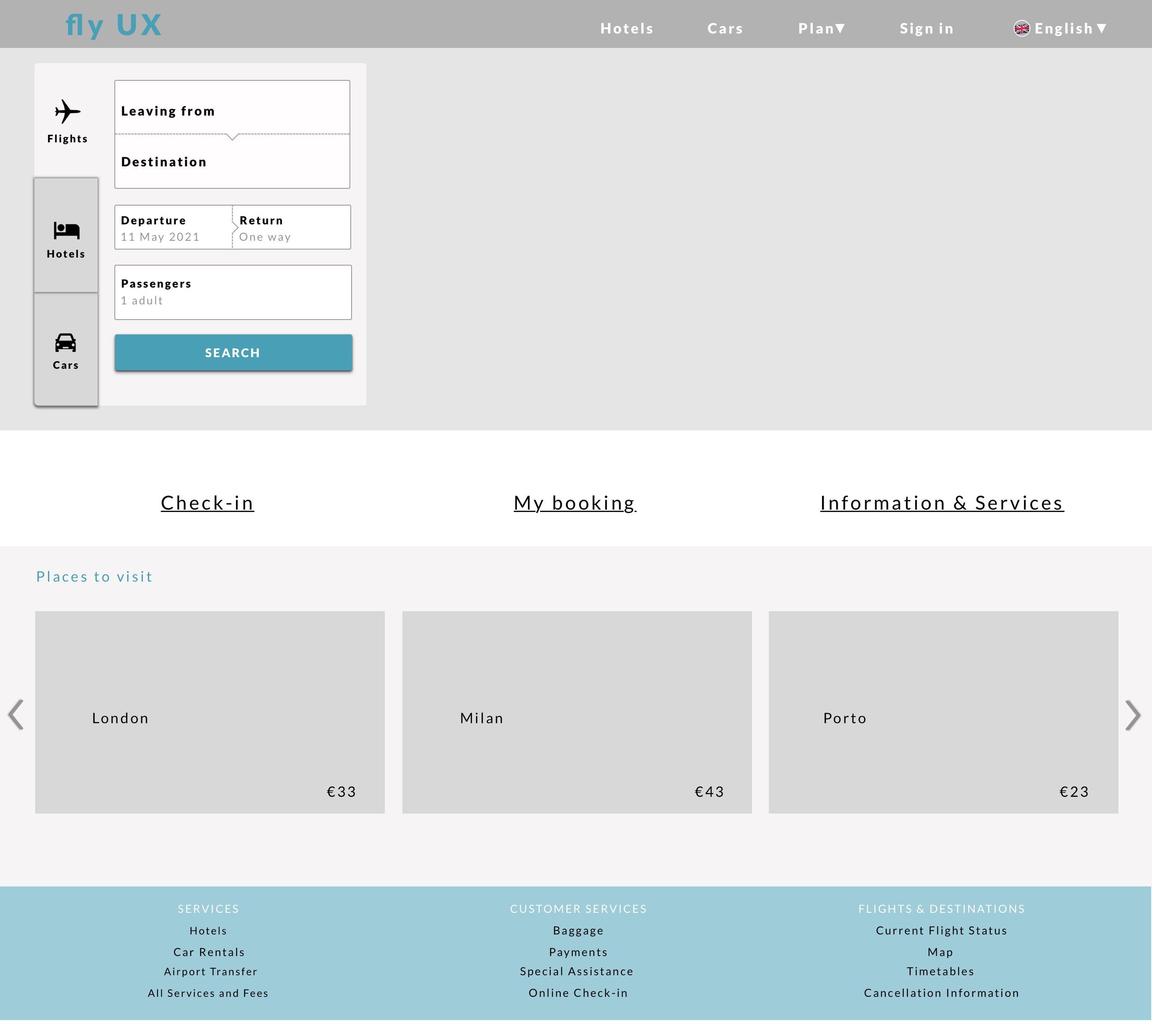 Screenshot of a flight booking website with a form for entering departure, destination, departure date, return date, and number of passengers, and options to search flights, with a section listing cities to visit and their prices.