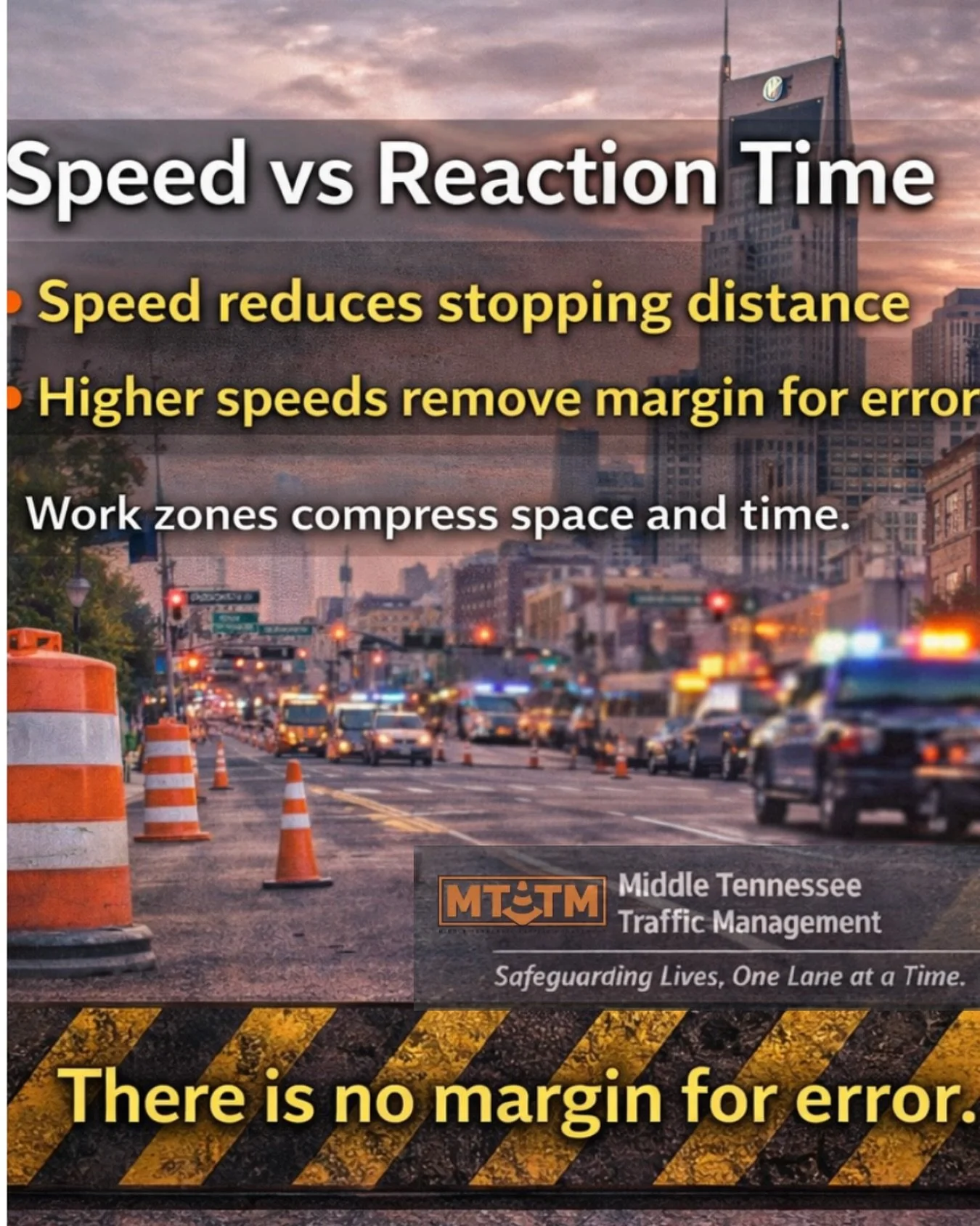 Speed vs reaction time.
Less time to react.
Longer distance to stop.

Work zones compress space and time.
Speed removes the margin for error.

#WorkZoneSafety #SlowDownTN #TrafficControl #SafetyFirst #mttm