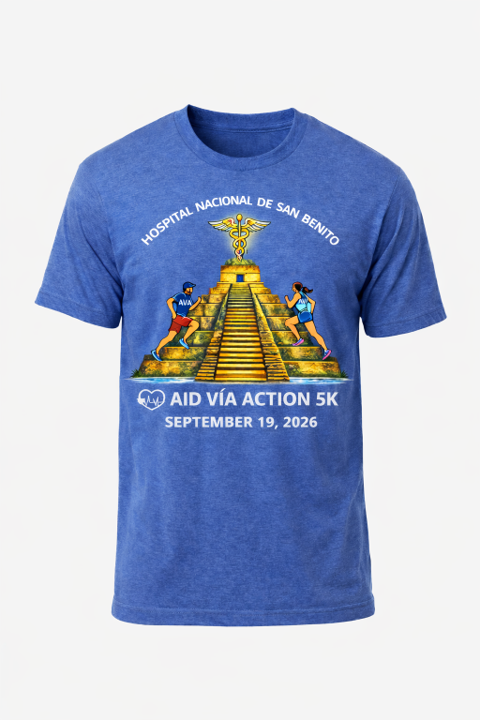 Blue T-shirt for a charity event, featuring an illustration of a staircase leading to a medical symbol at the top, with two runners on each side, the event details, and the hospital name.