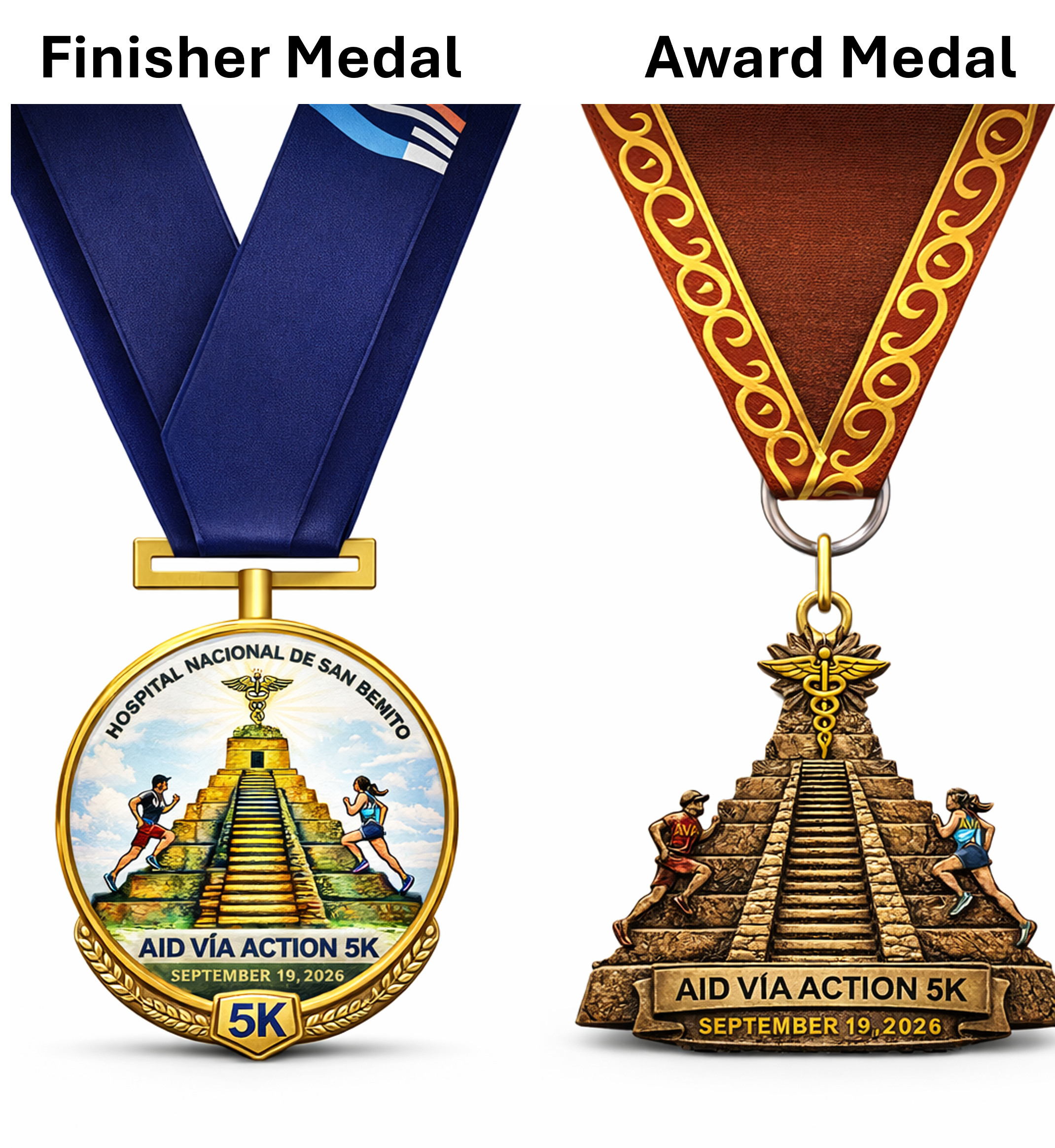 Medals for the Aid Via Action 5K running event held on September 19, 2026. The left medal features an illustration of a pyramid-like structure with steps and two runners, with the text 'Hospital Nacional de San Benito'. The right medal has a similar pyramid illustration with two runners, with the date and event details.