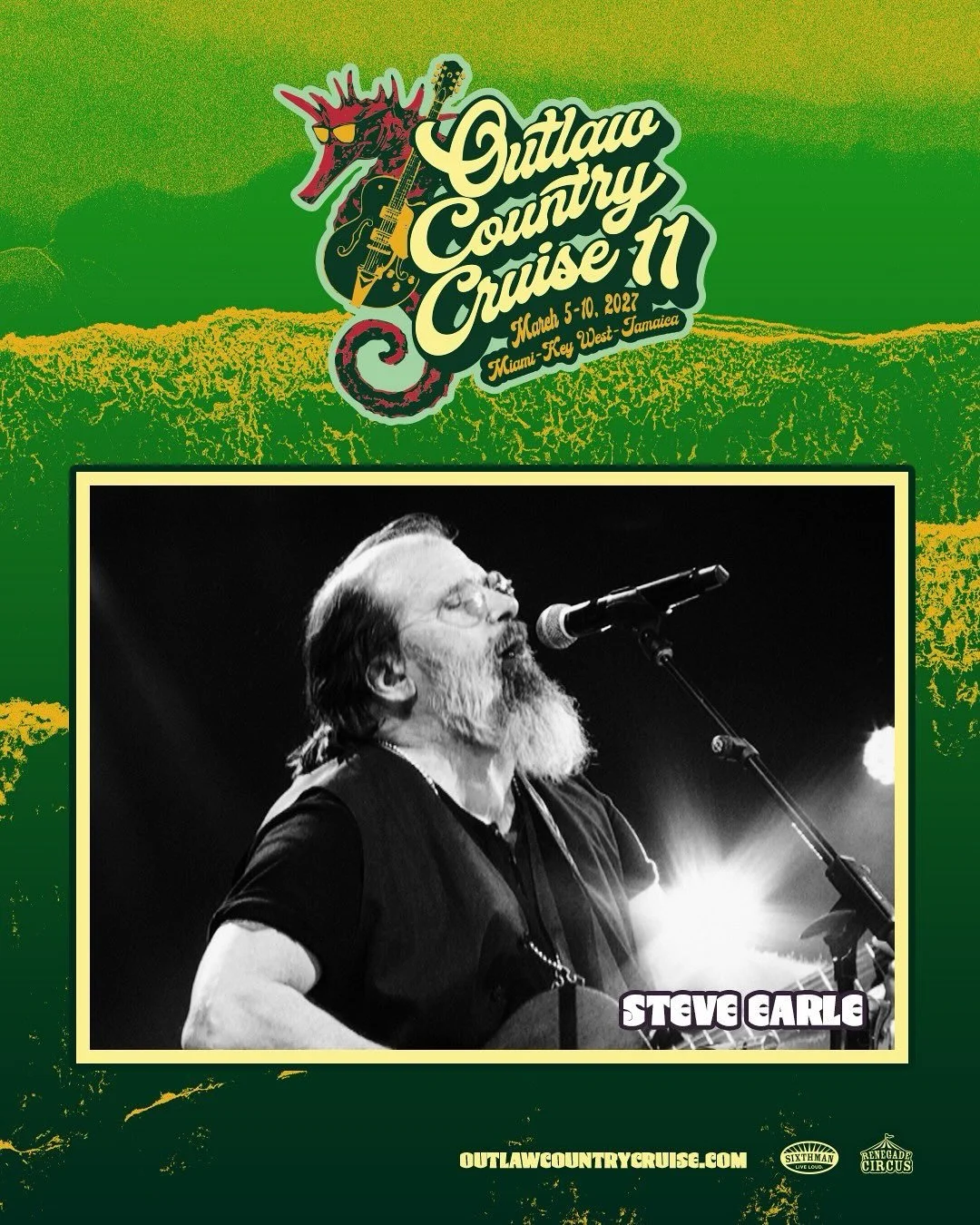 @steveearle is excited to announce that he will be performing at the 11th annual Outlaw Country Cruise! Set sail March 5-10, 2027, from Miami to Key West &amp; Ocho Rios, Jamaica, aboard the luxurious Norwegian Jewel. 

Be sure to join the presale no