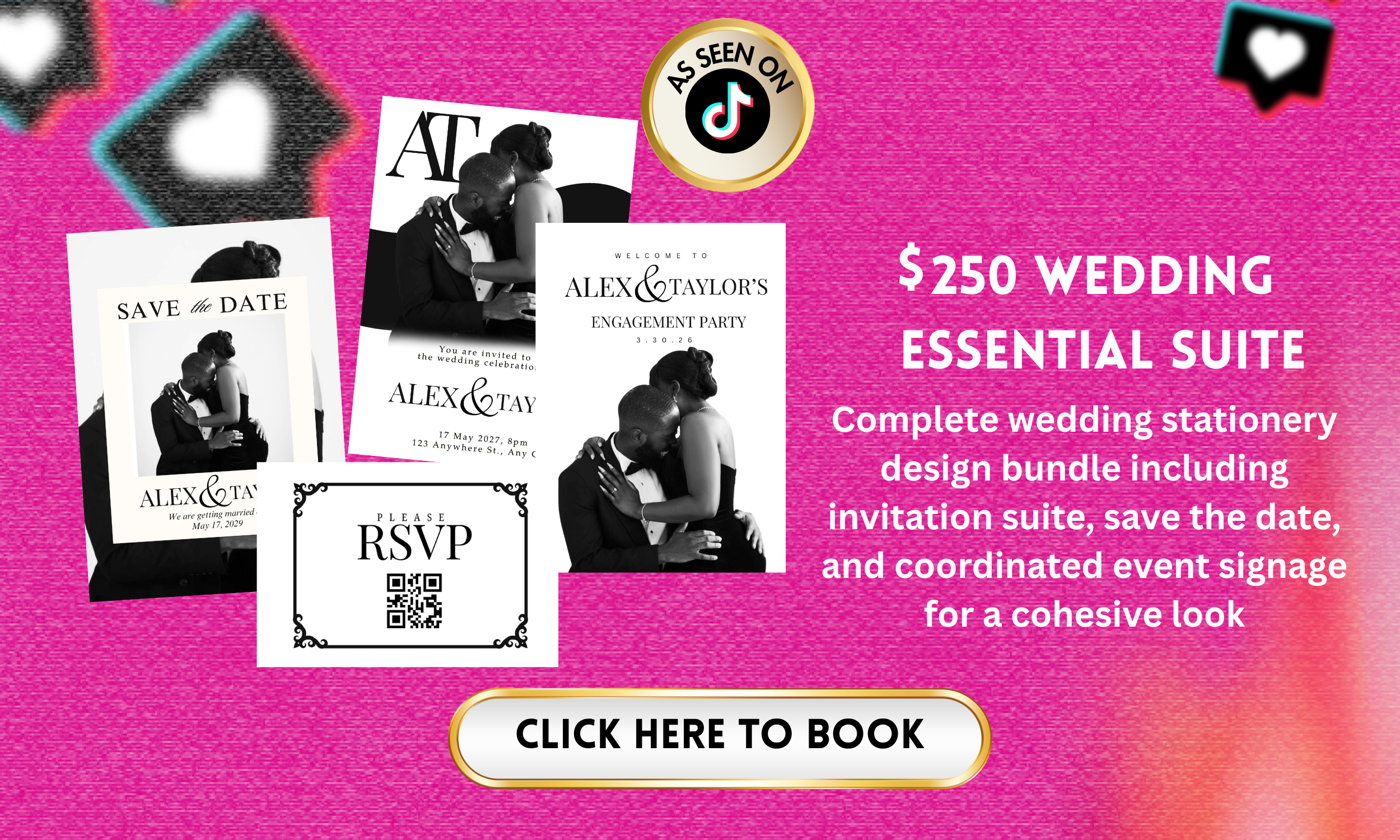 Wedding Stationary design including save the date, invitation suite, rsvp card and wedding engagement sign.