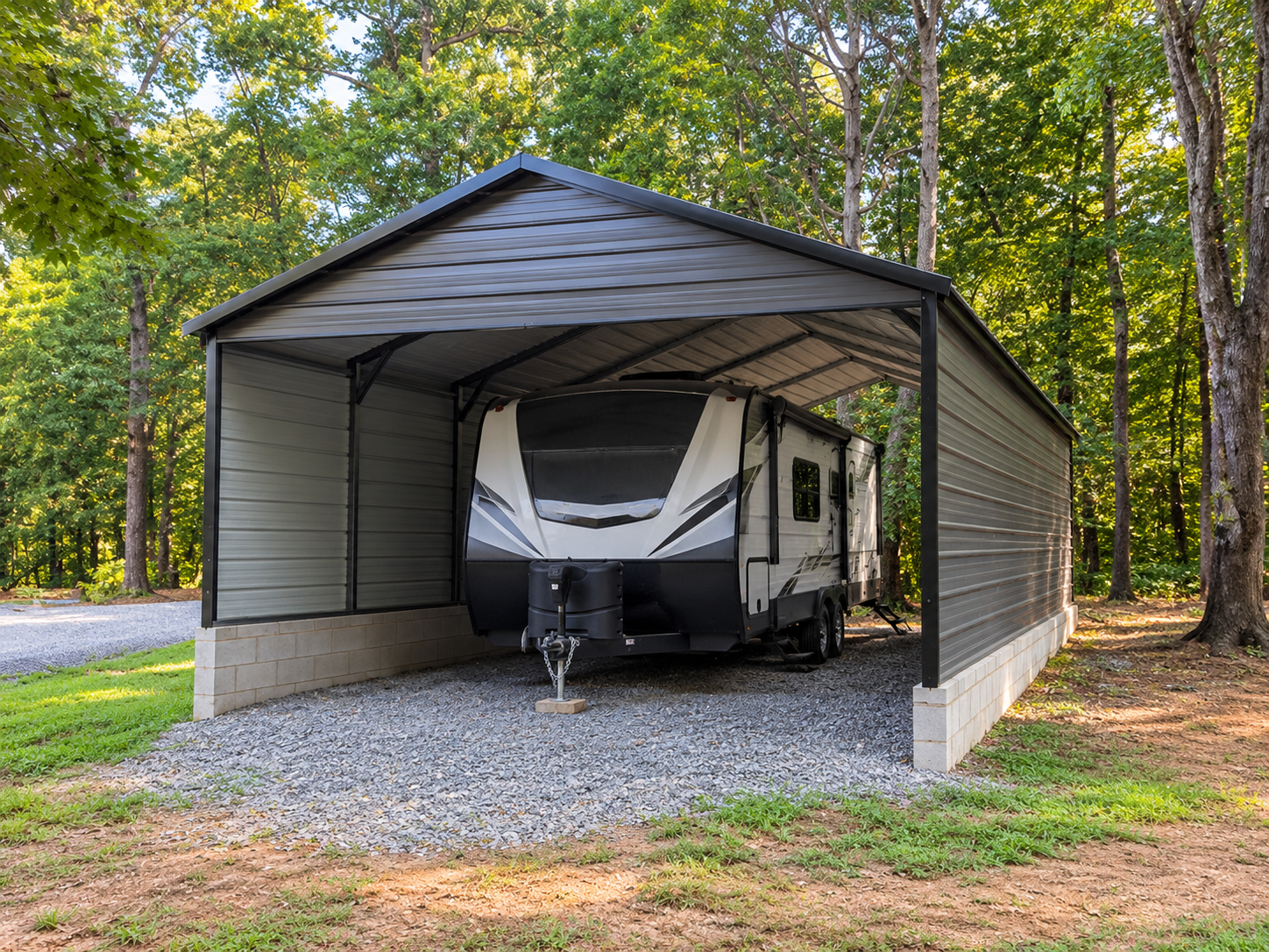 metal carport covering a camper