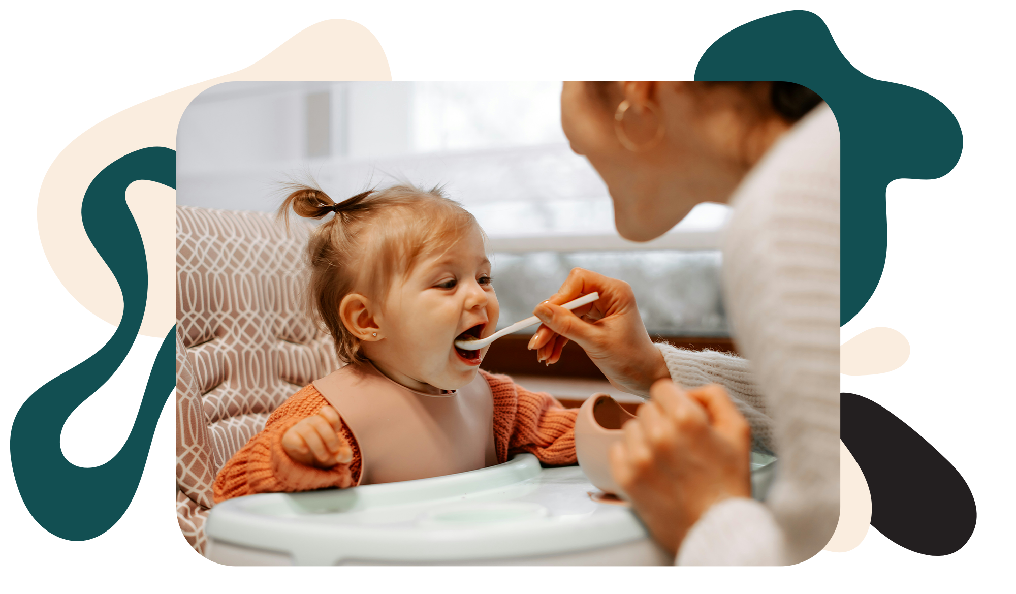 Toddler with blonde hair and pig tails sitting in high chair with orange sweater. Child who is a picky eater is being spoon fed by an OT while sitting in a high chair.