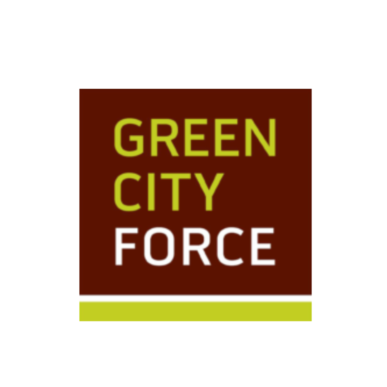 Logo of Green City Force with brown background, lime green and white text.