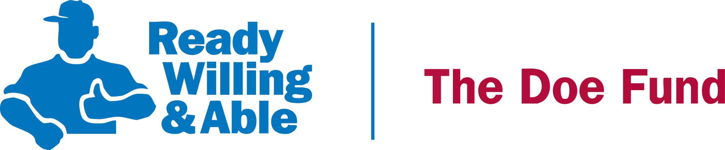 Logo of Ready Willing & Able and The Doe Fund with a blue silhouette of a person giving a thumbs up.