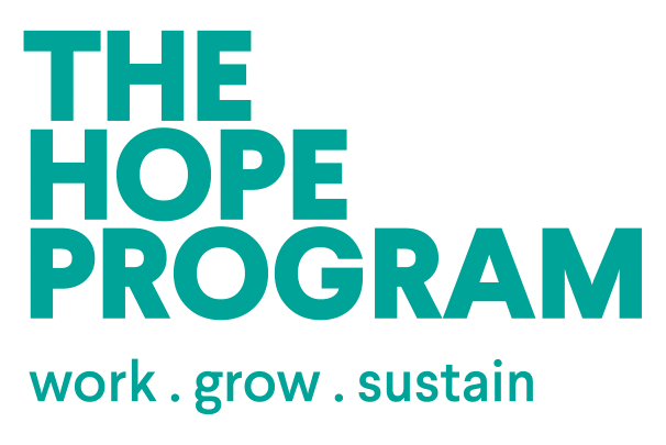 Logo for The HOPE Program with the tagline 'work . grow . sustain'.