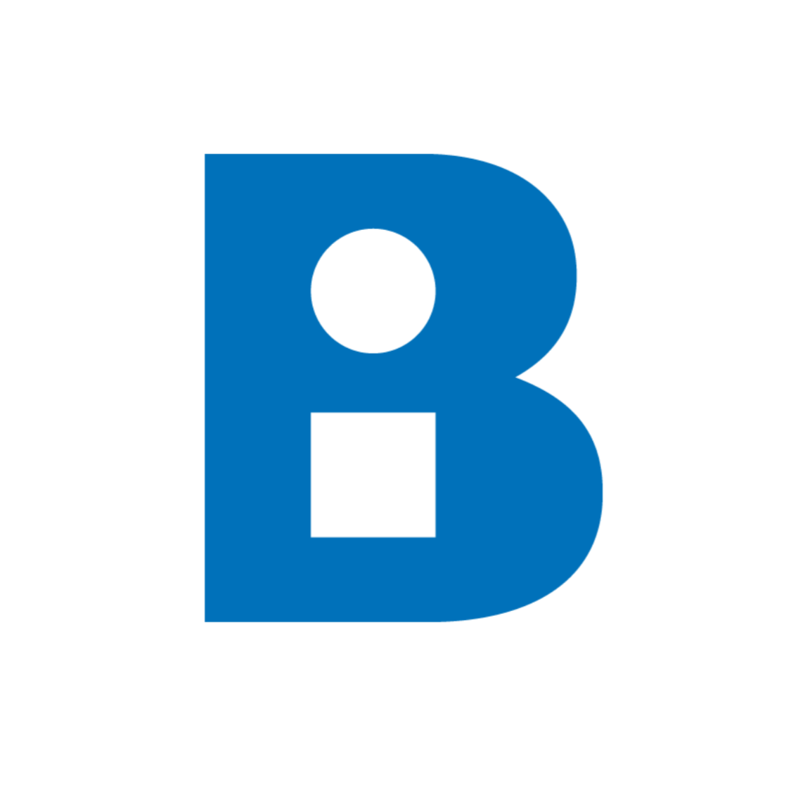 Bold blue letter B with a letter O above a square inside a square in the middle.