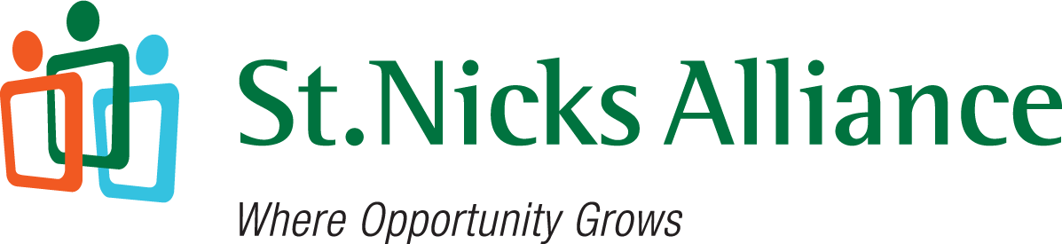 Logo for St. Nicks Alliance featuring stylized orange, green, and blue shapes resembling people, with the text 'St. Nicks Alliance' and the slogan 'Where Opportunity Grows'.
