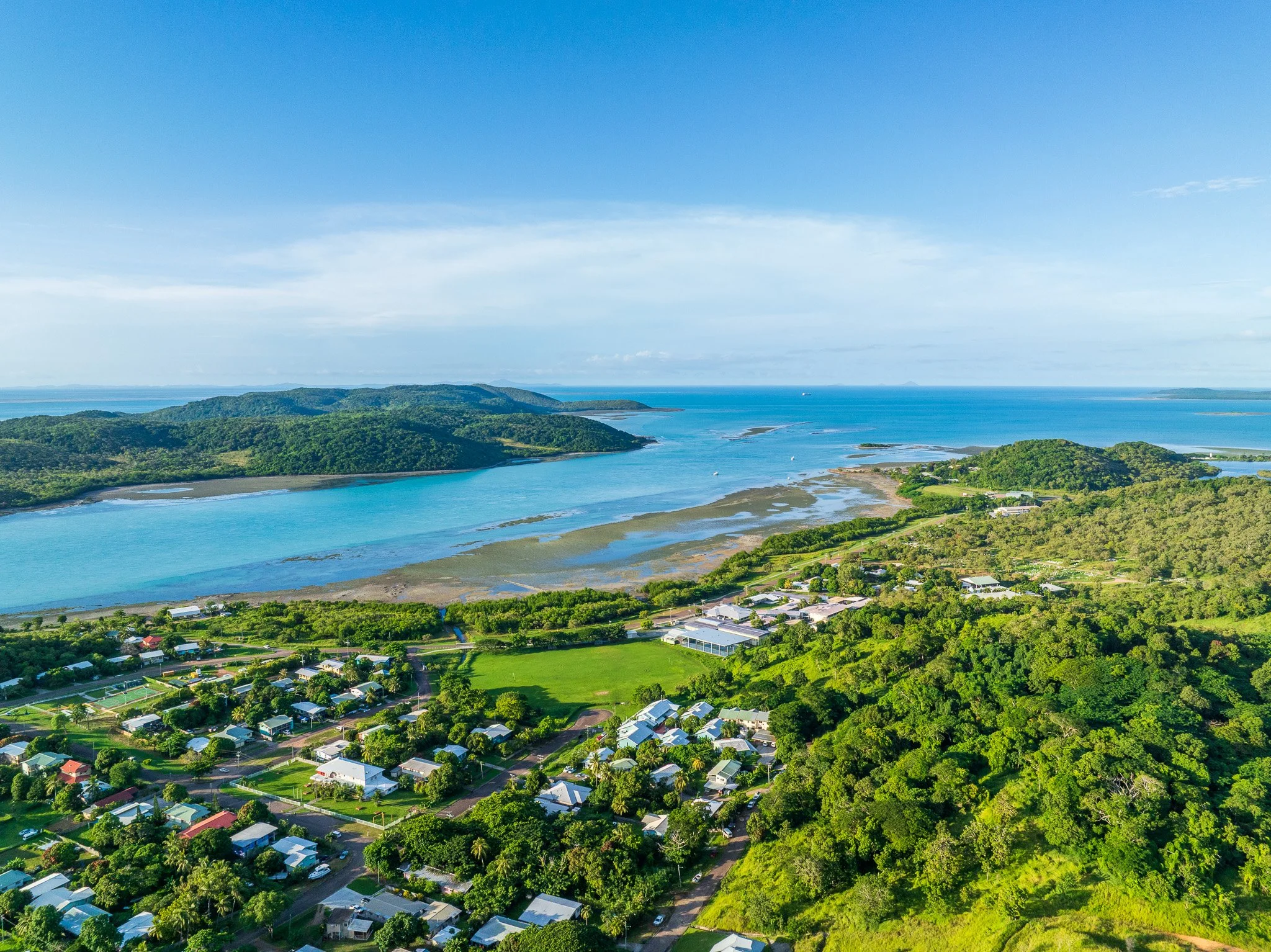 Thursday Island in the foreground, looking NE with Hammond Island centre left. 