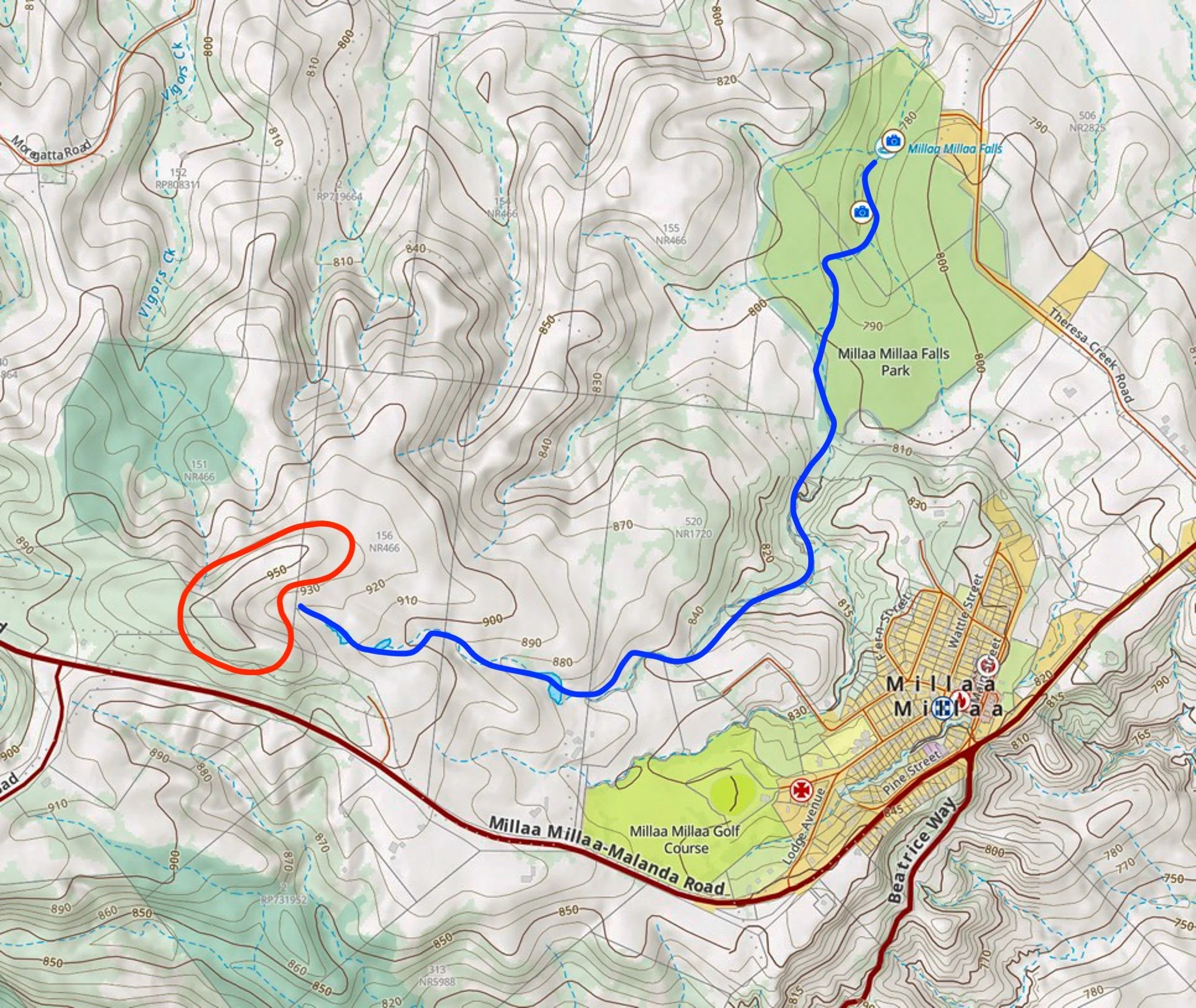 A topographic map showing the location of the Millaa Millaa volcano and path of Theresa Creek
