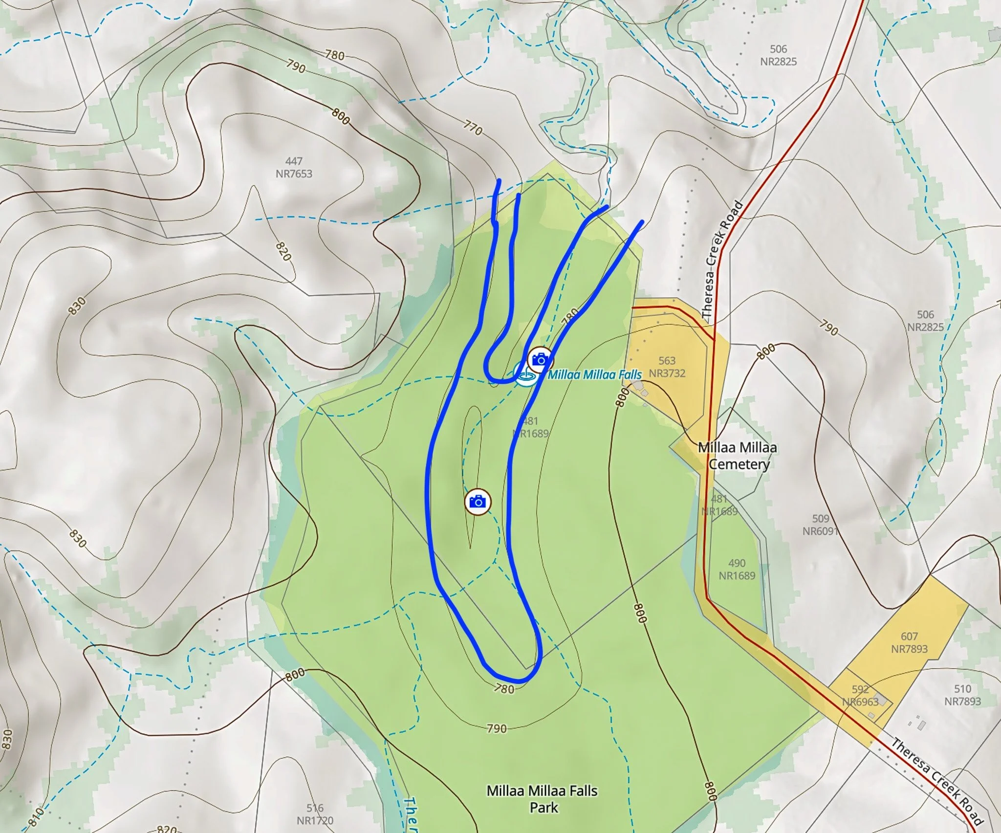 Close up showing the topographical profile in the vicinity of the falls