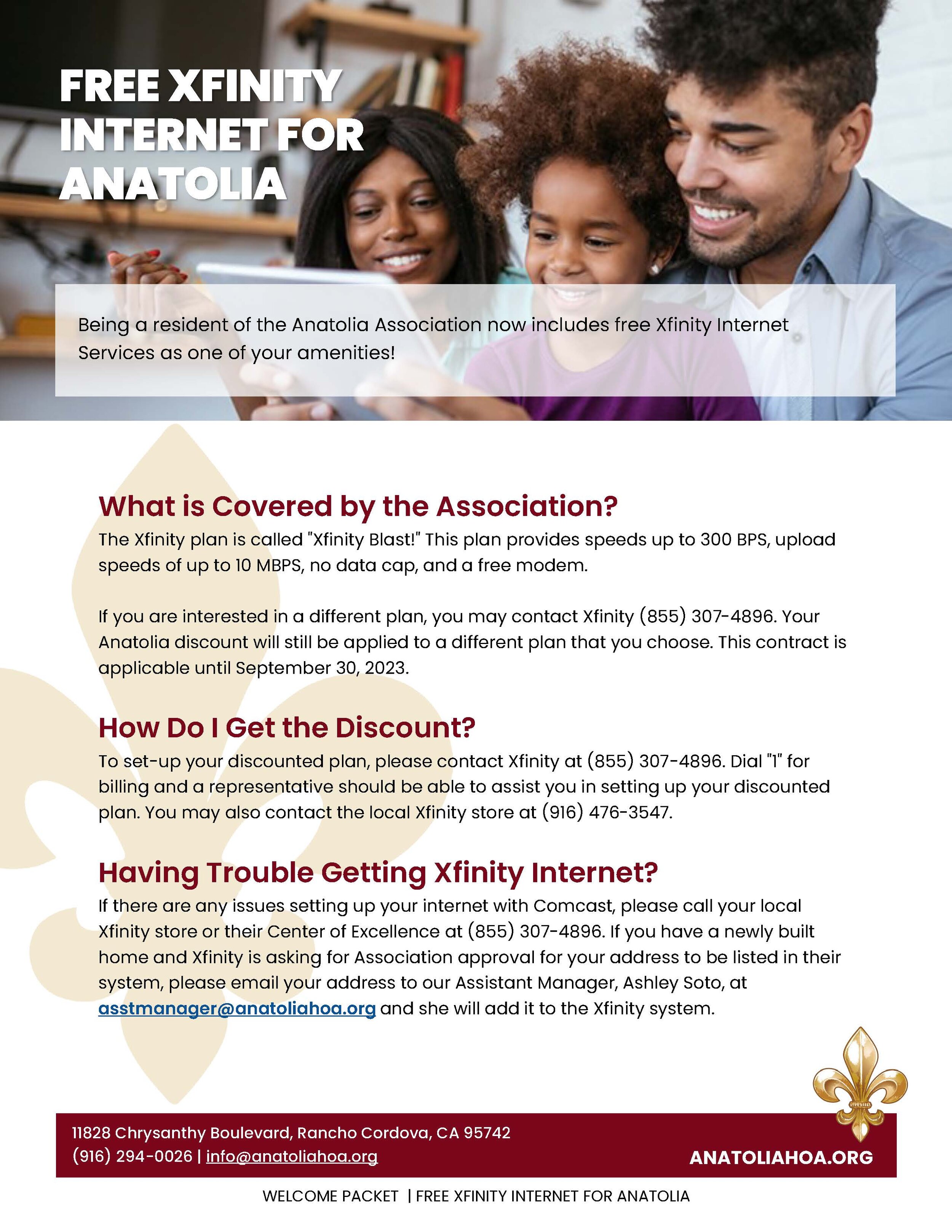 Promotional flyer for free Xfinity internet for residents of the Anatolia Association, detailing plan benefits, coverage, and how to get the discount. Includes contact information for assistance and setup. Features an image of a happy family using a