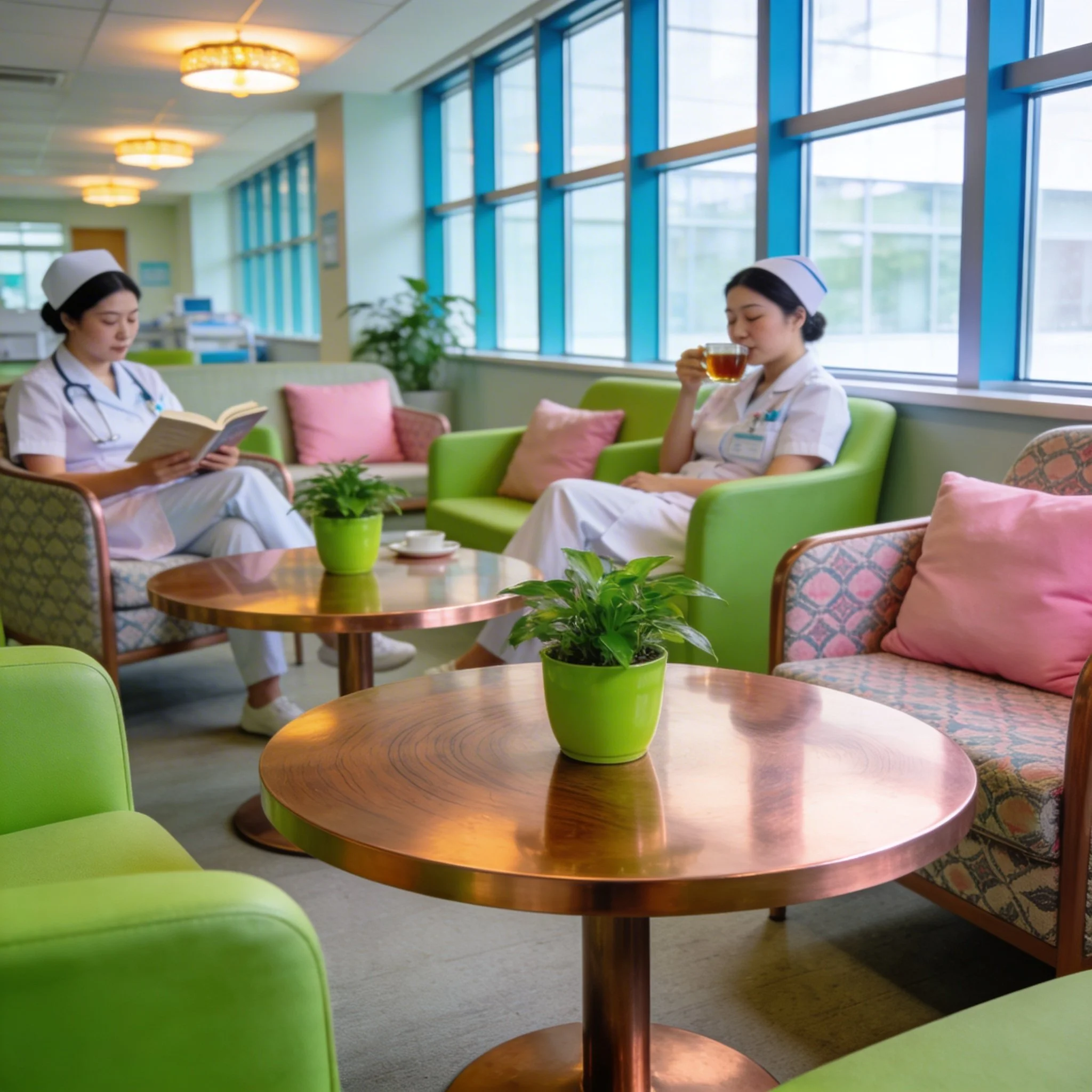 Two female nurses in white uniforms and nurse hats are sitting on green chairs in a brightly lit waiting room with large windows. One nurse is reading a book, and the other is drinking tea or coffee. There are pink cushions on the chairs, potted plants on tables, and a colorful upholstered armchair in the background.
