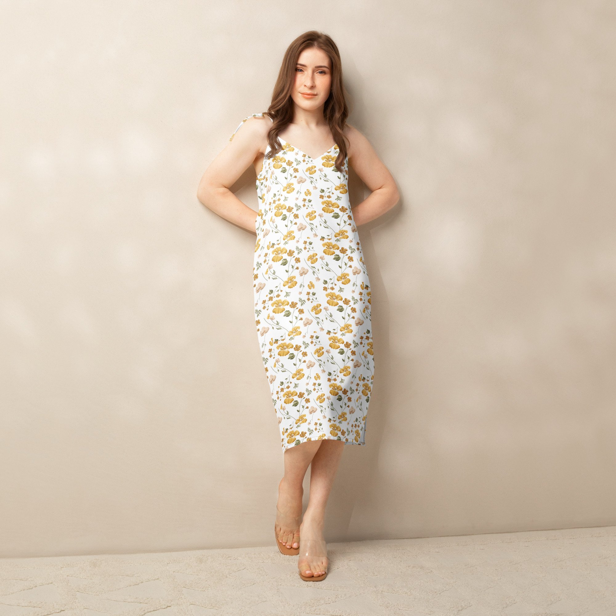 Yellow Floral tie-strap midi dress