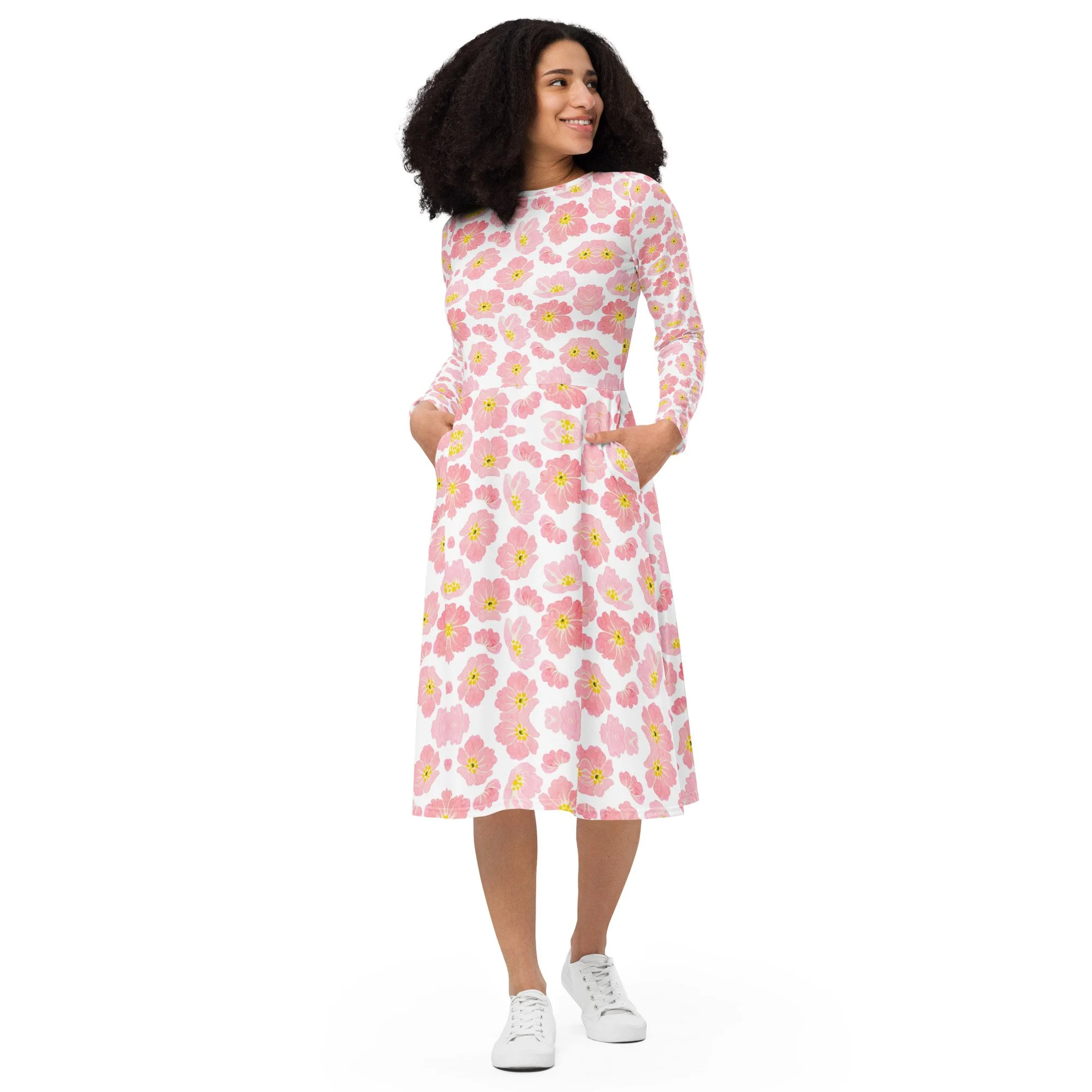 Pink Floral long sleeve midi dress