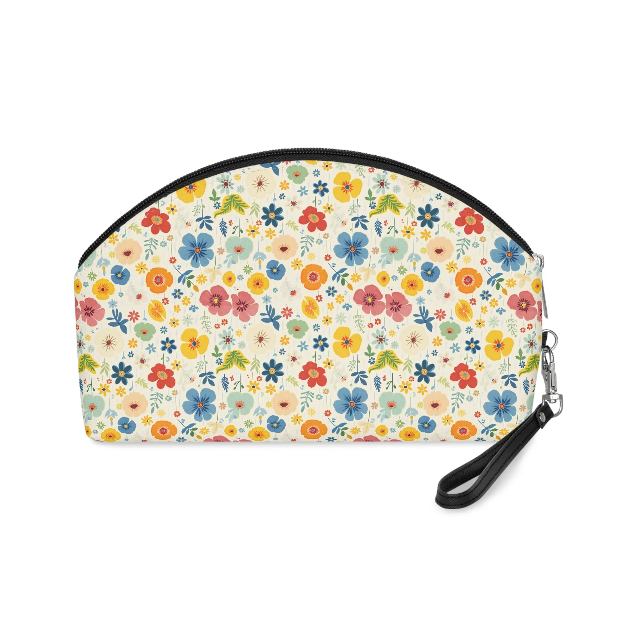 Floral Pattern Makeup Bag — Retro Daisy Cosmetic Pouch with Wrist Strap