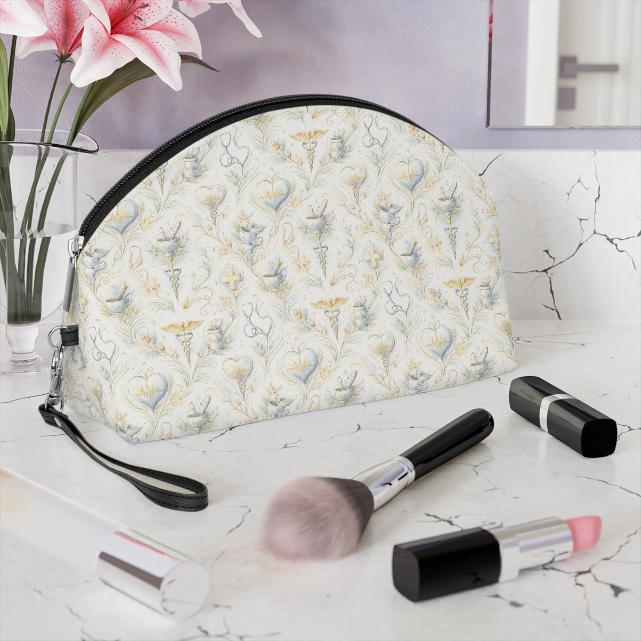 Vintage Floral Makeup Bag — Elegant Neutral Toile Cosmetic Pouch