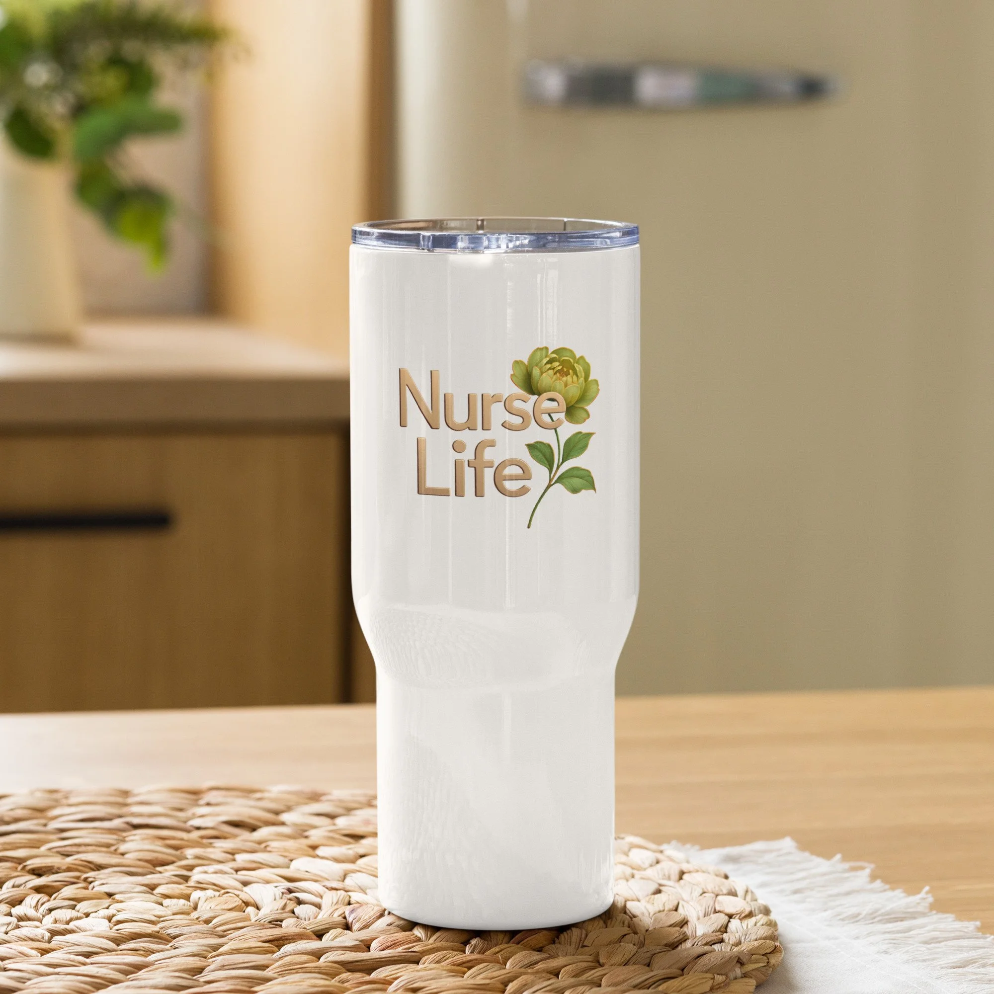 Nurse Life travel mug with a handle