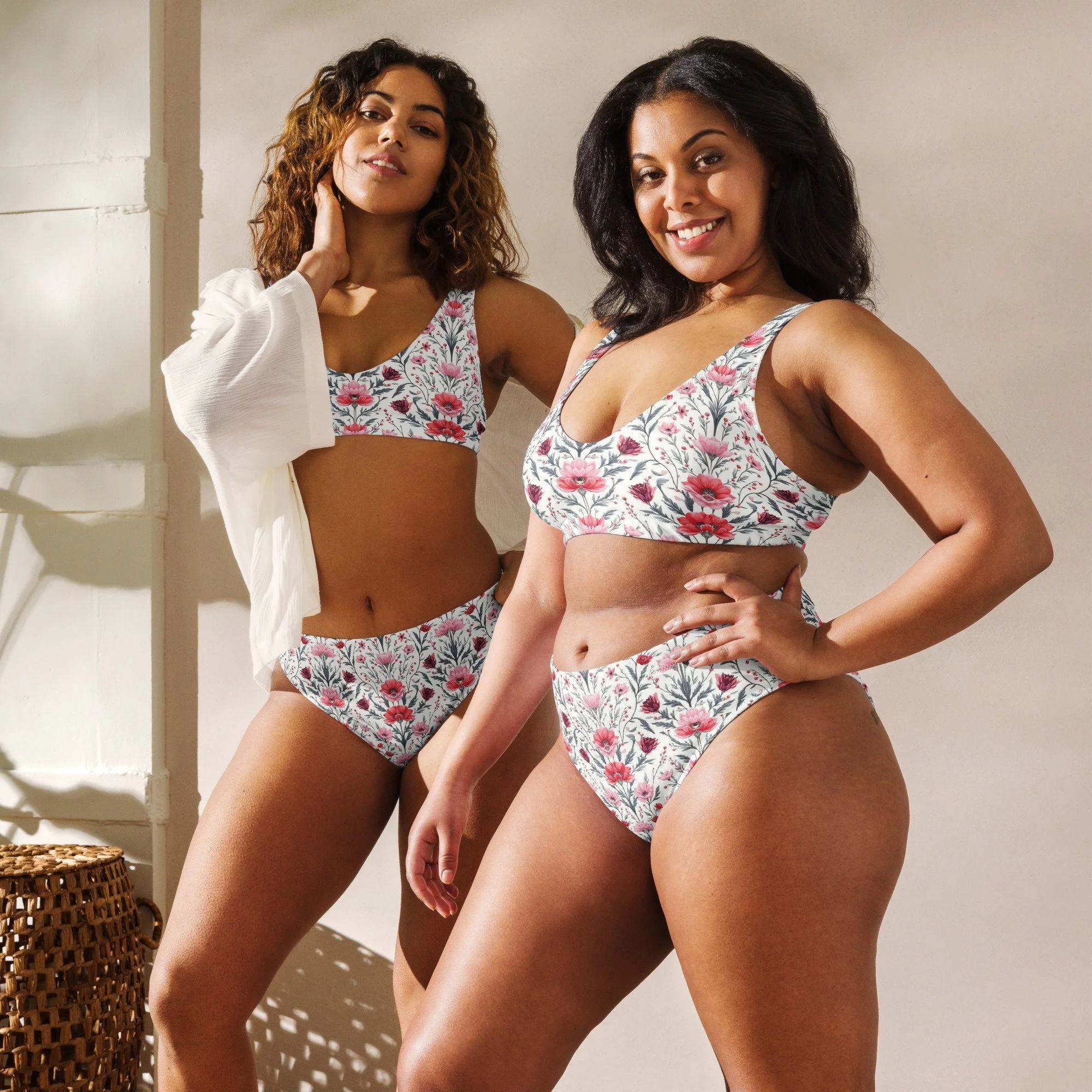 Pink Floral high-waisted bikini set
