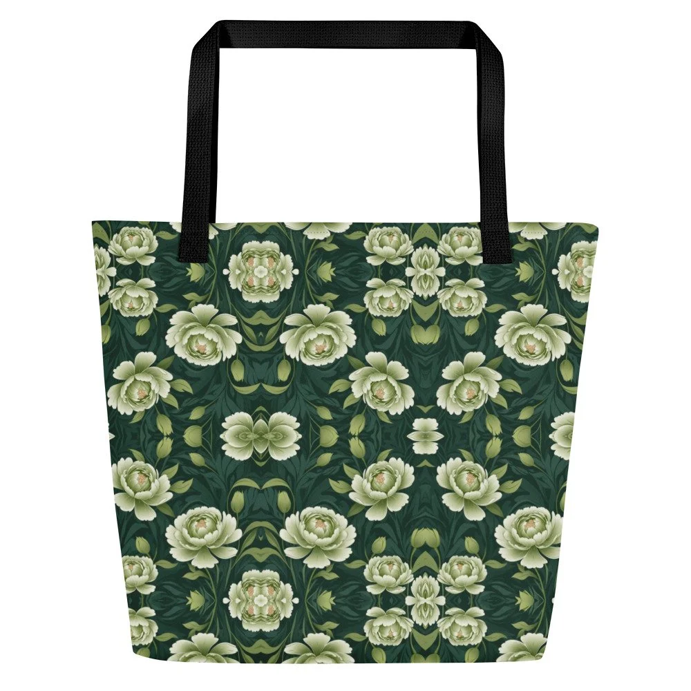 Green Peonies Large Tote Bag
