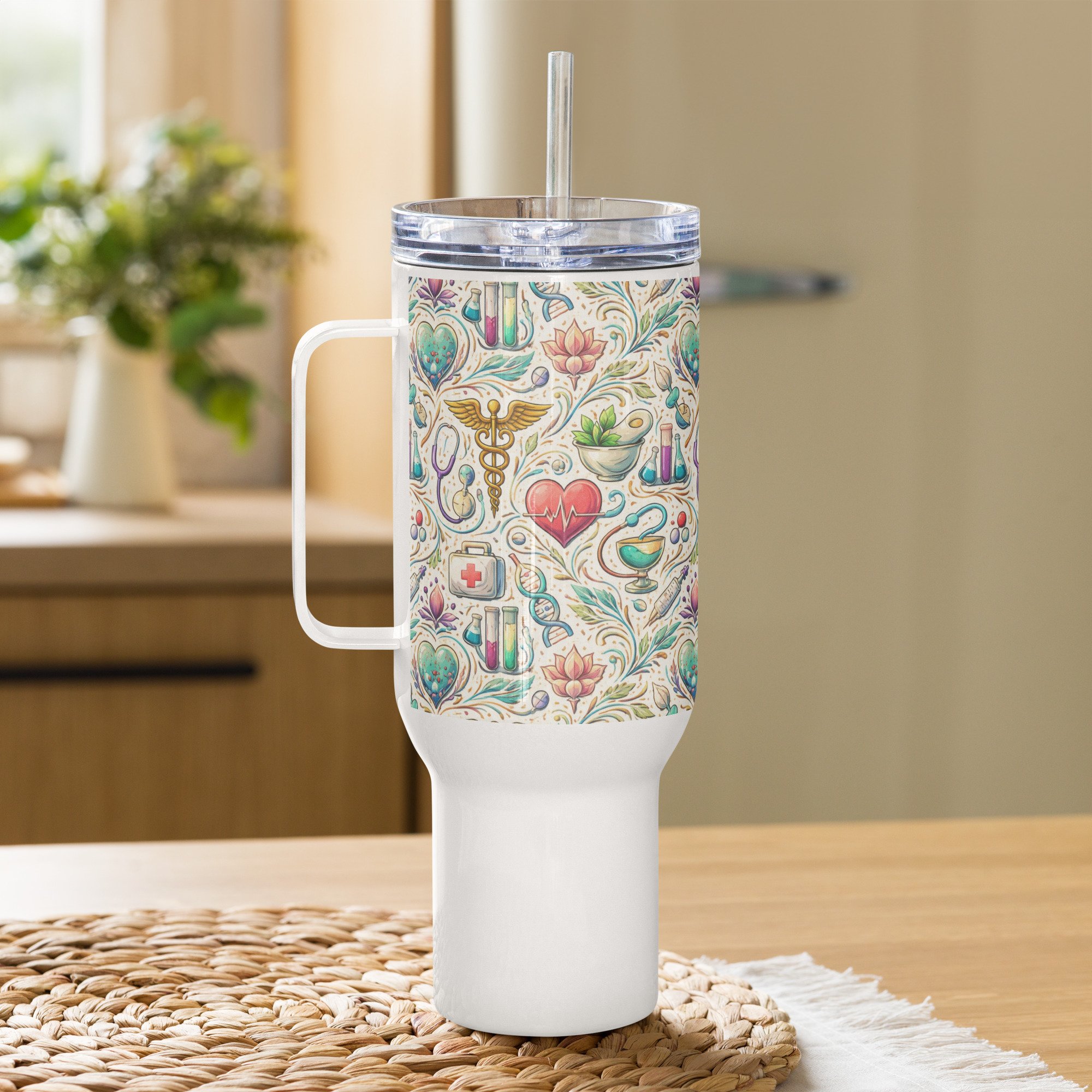 Nurse Life travel mug with a handle