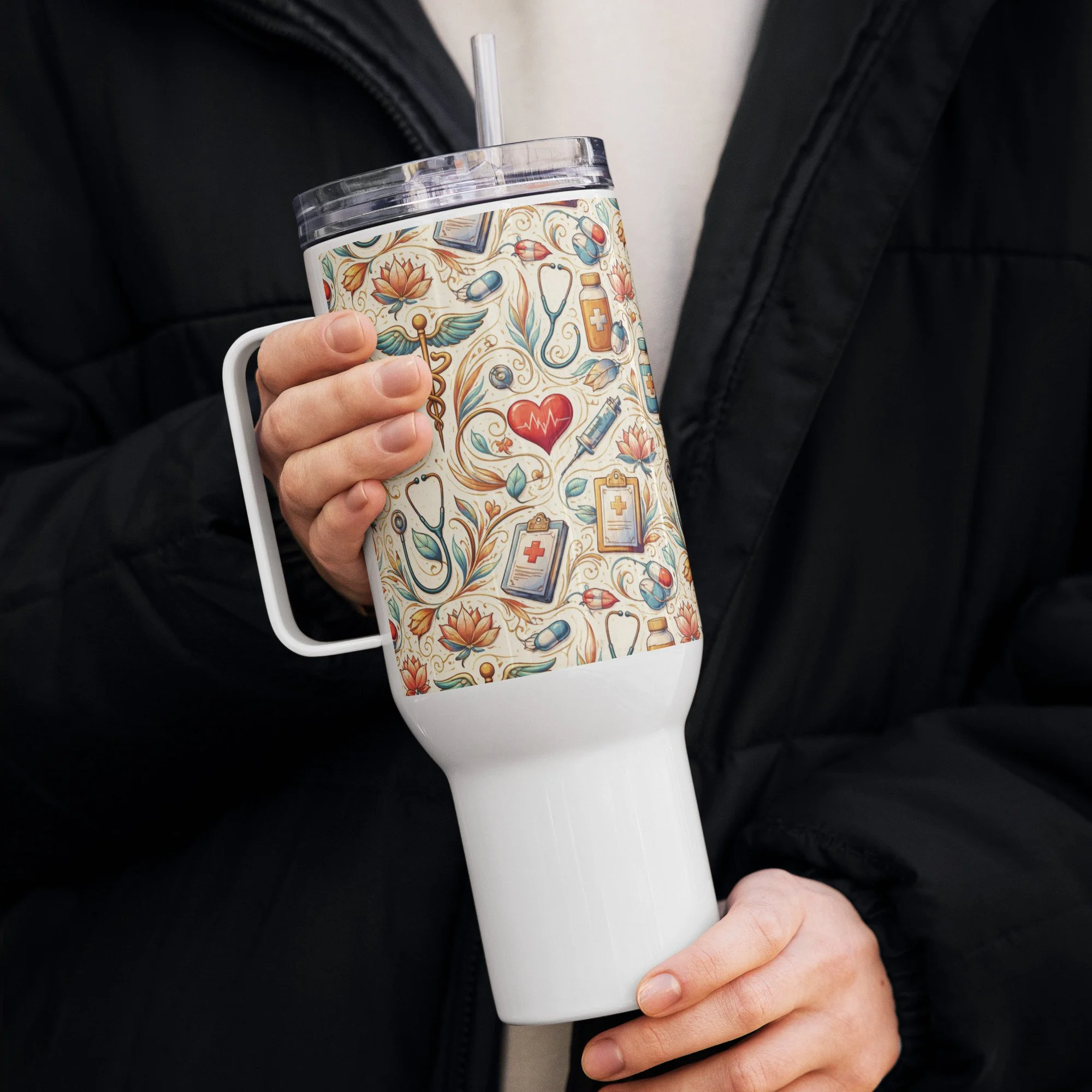 Nurse Life travel mug with a handle