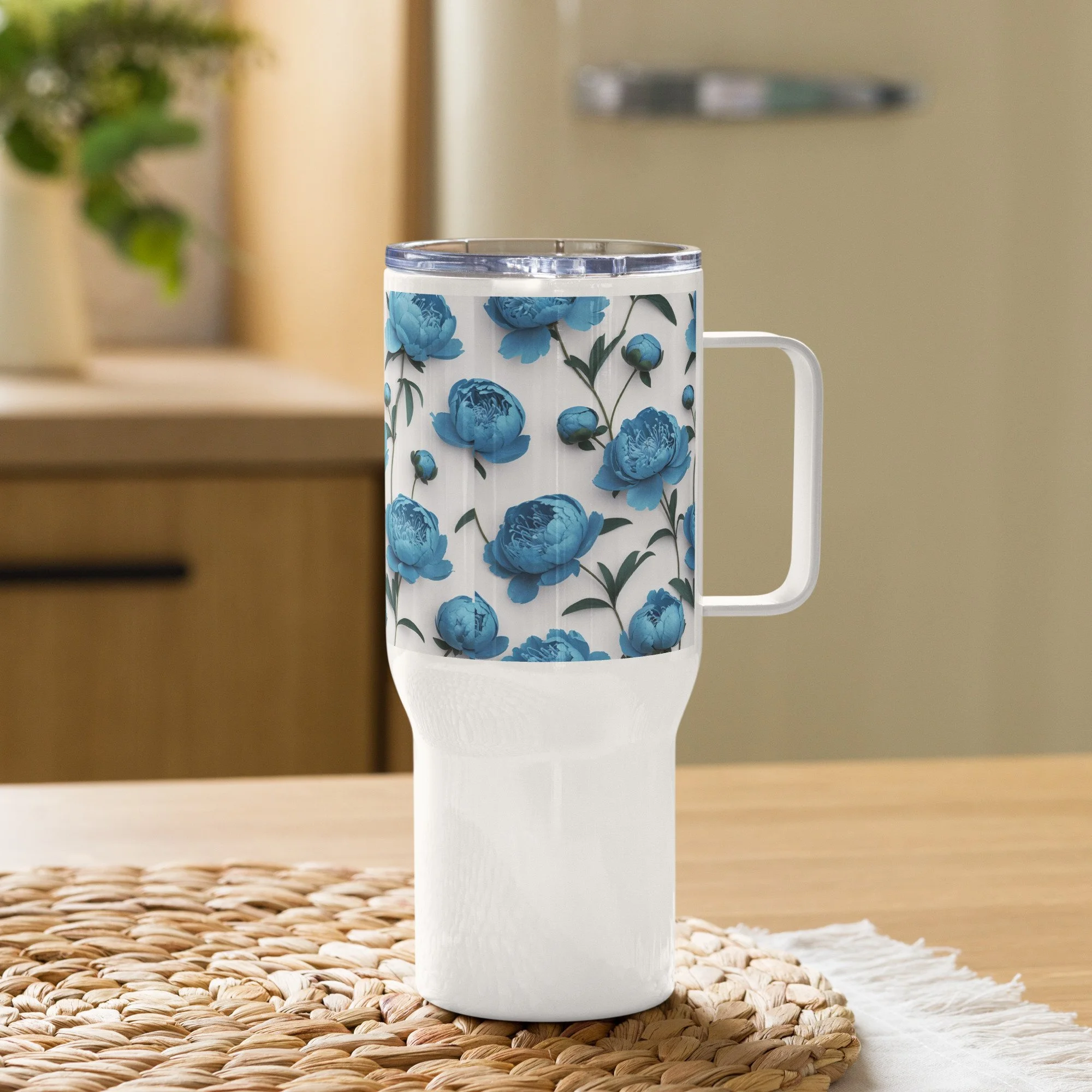 Blue Peonies travel mug with a handle