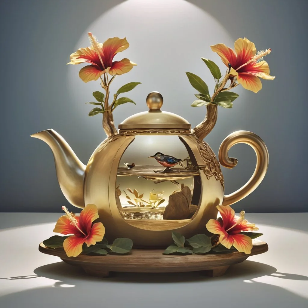 A decorative teapot with a bird inside, surrounded by hibiscus flowers and leaves, placed on a wooden tray.